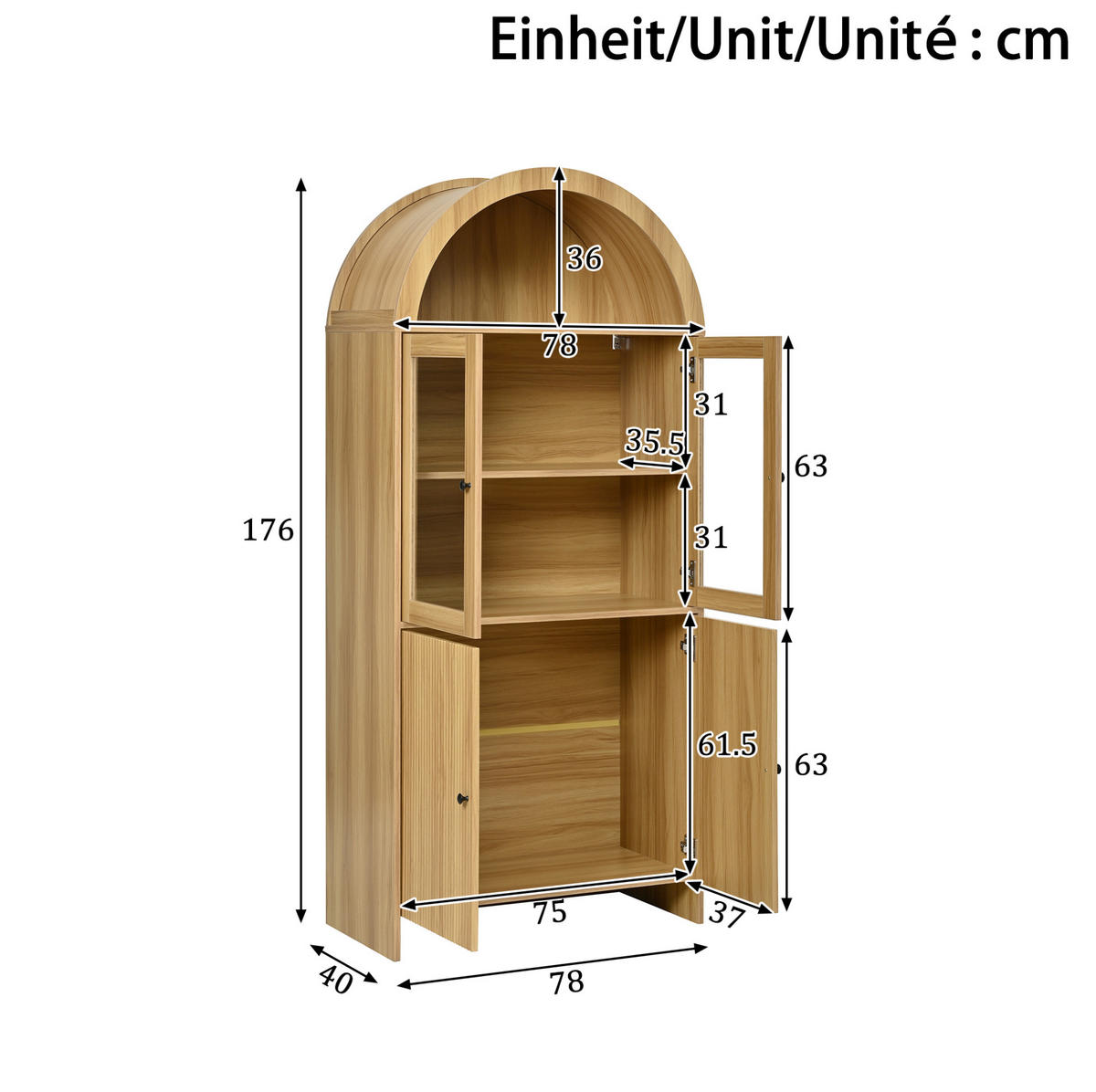 VITRINA od iverala 78x40x176 cm prirodna boja sa staklenim vratima, zatvorenim spremištem i valovitim frontama - prirodne boje, drvni materijal (78/176/40cm) - Modfu