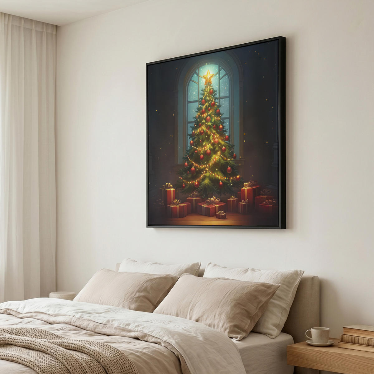 LEINWAND Bilder mit Rahmen - Weihnachtsbaum - Geschenk - Winter - 90x90 - Grün, Textil (90/90cm) - MuchoWow