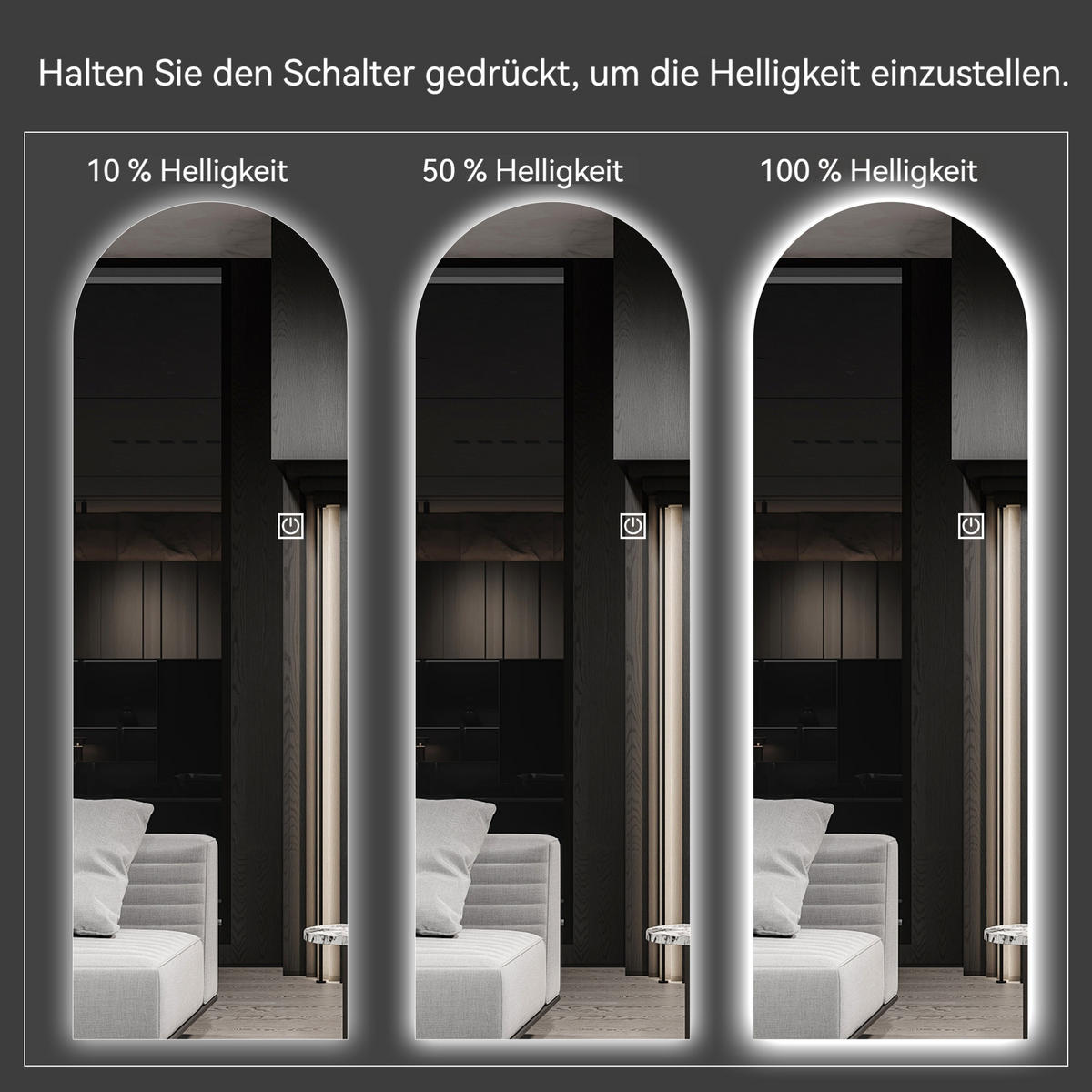 STANDSPIEGEL LED bogenförmig – Ganzkörperspiegel dimmbar, hochauflösend, bruchsicher, freistehend oder Wandmontage, hell beleuchtet - Silberfarben, Glas (50/3/165cm) - Ej. Life