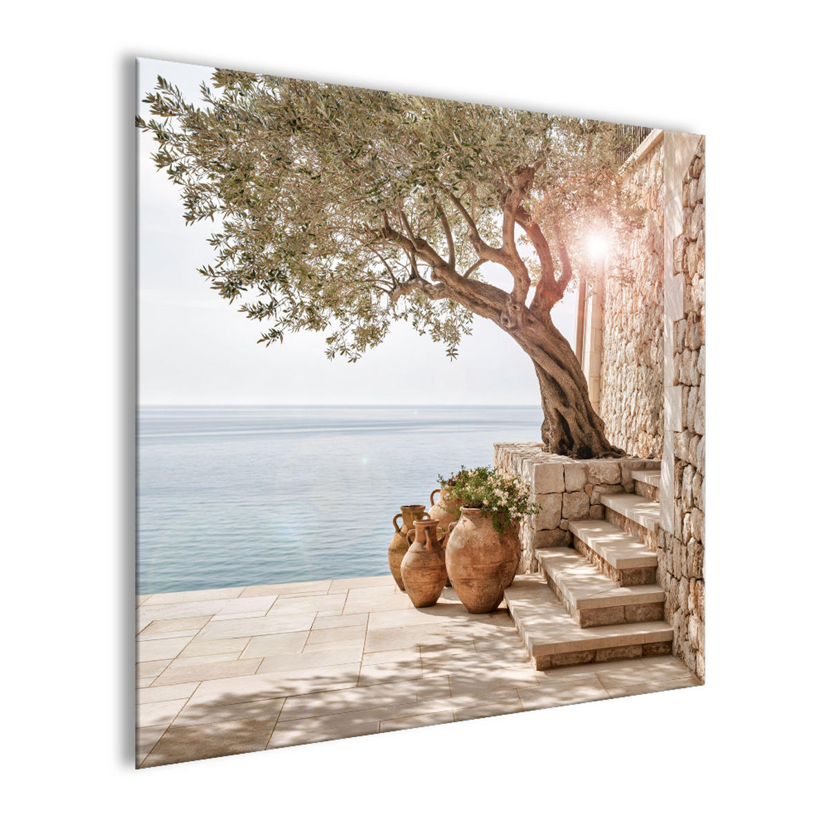 GLASBILD 50x50 cm Toskana Meerblick beige-blau - Beige, Glas (50/50cm) - artissimo