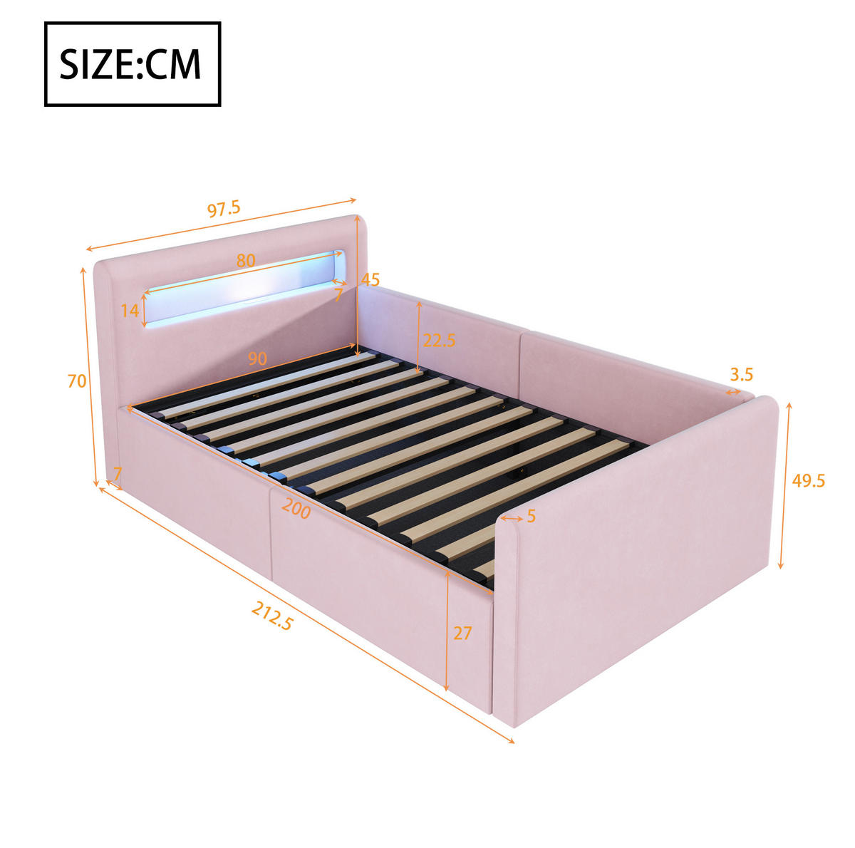 SAMT-POLSTERBETT 90/200 cm mit LED-Beleuchtung, Bettkasten und gepolstertem Kopfteil - Rosa, Textil (90/200cm) - BEAOK
