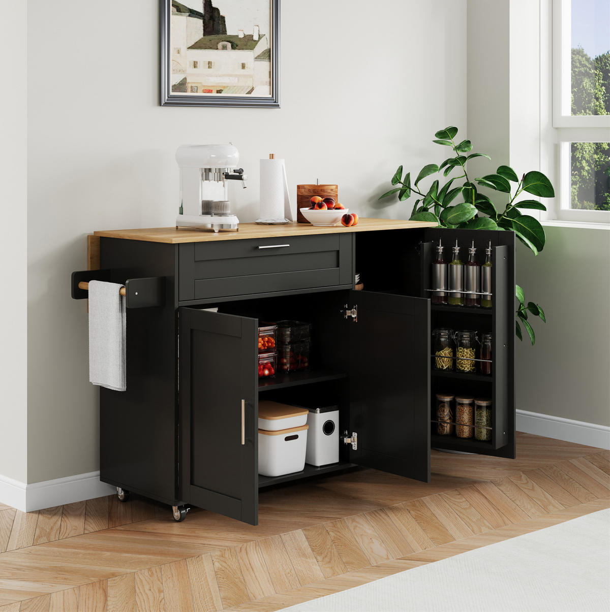 KÜCHENINSEL 132,5/44(70)/90 cm aus MDF mit klappbarer Arbeitsplatte und 5 Rollen Schwarz/Natur - Schwarz, Holzwerkstoff (132.5/90/70cm) - Modenvie