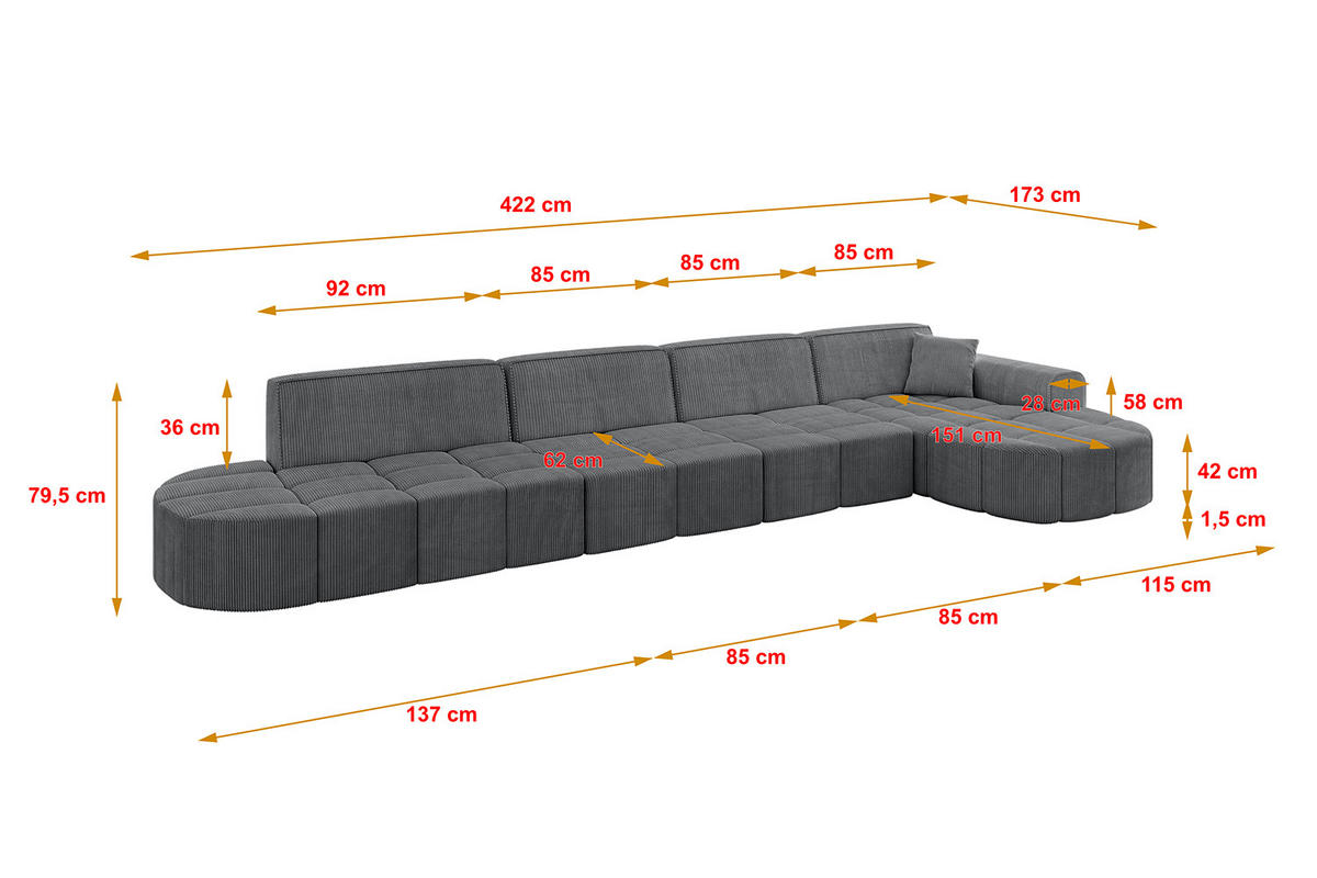 ECKSOFA Ottomane Rechts LIVO-L3 - 422x173x79,5 cm Dunkelgrau - Dunkelgrau, Holzwerkstoff/Textil (422/173cm) - ALTDECOR