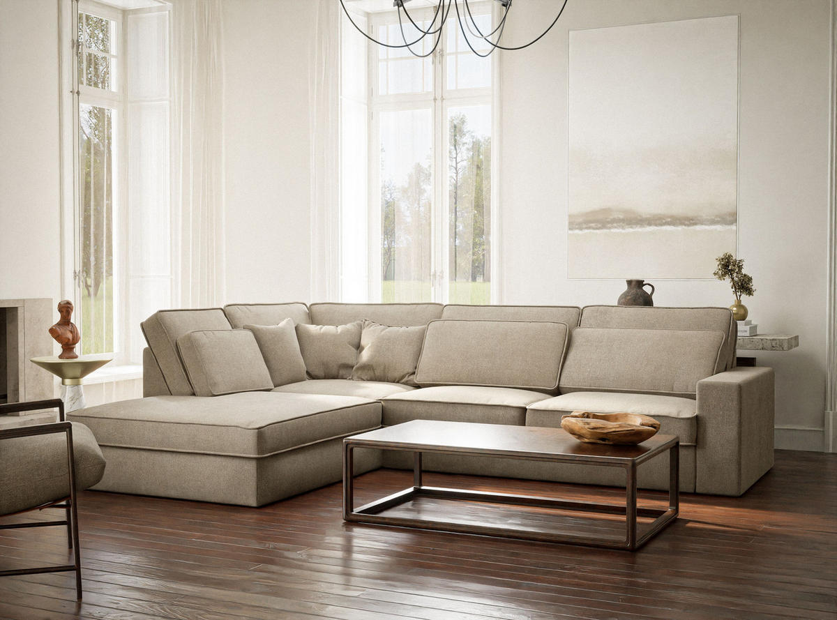 ECKSOFA Kirou Beige Chenille-Stoff - Links Seite - Beige/Schwarz, Holz/Holzwerkstoff (225/311cm) - Maison de Reve