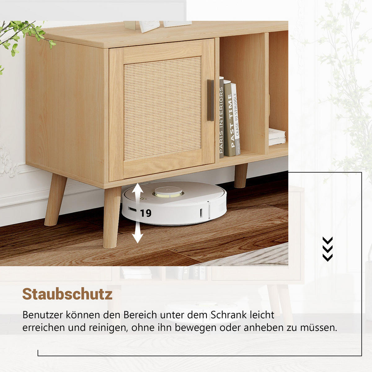 TV-SCHRANK 180cm Rattandekor 2 Türen 1 Schublade Massivholzbeine bis 80 Zoll - Braun, Holz (40/16/92cm) - FLIEKS