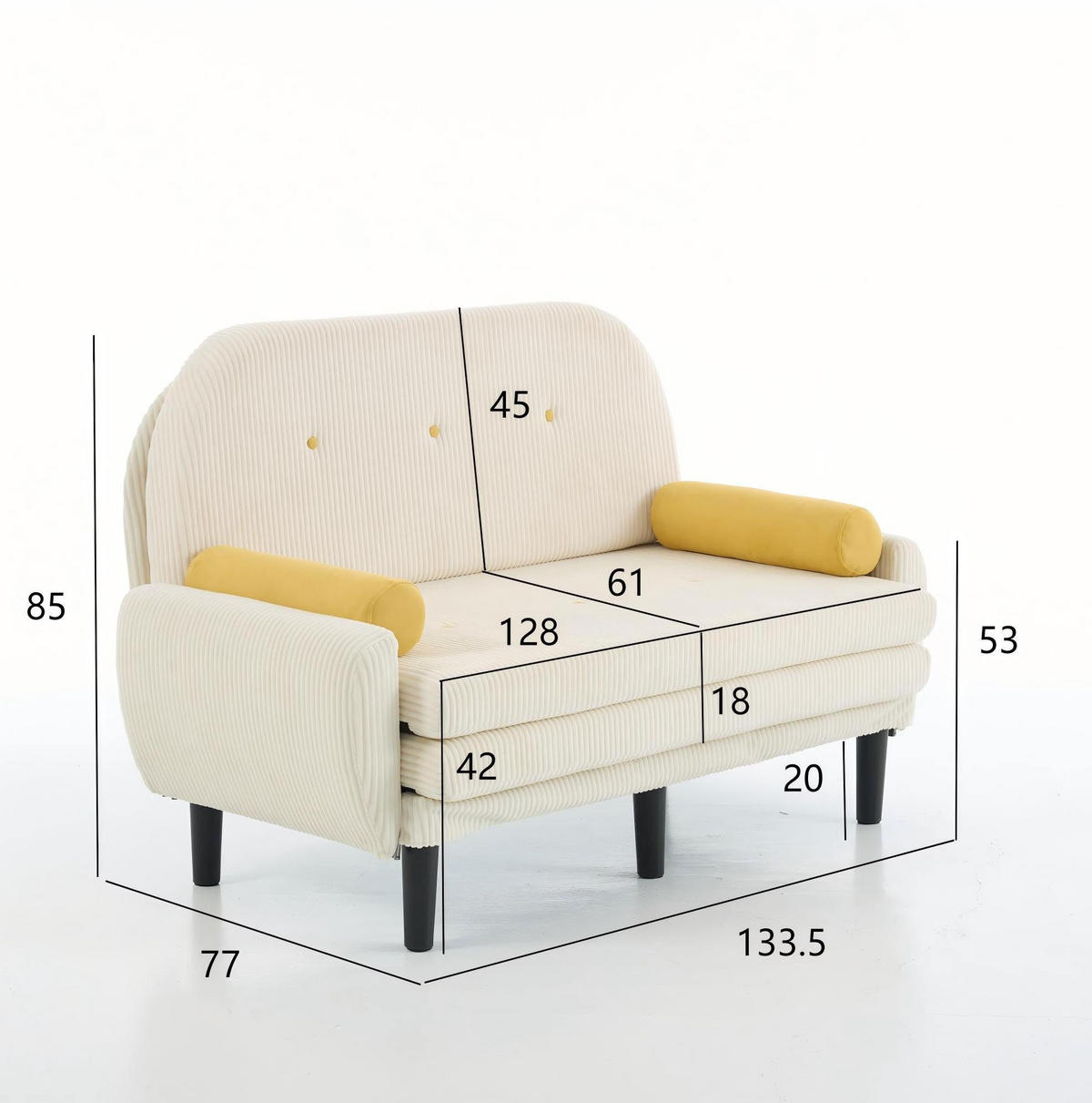 2-SITZER 133/77/85 cm elfenbeinfarben aus Cord mit verstellbarer Rückenlehne und 2 Kissen - Creme, Textil (77/85/133.5cm) - OKWISH