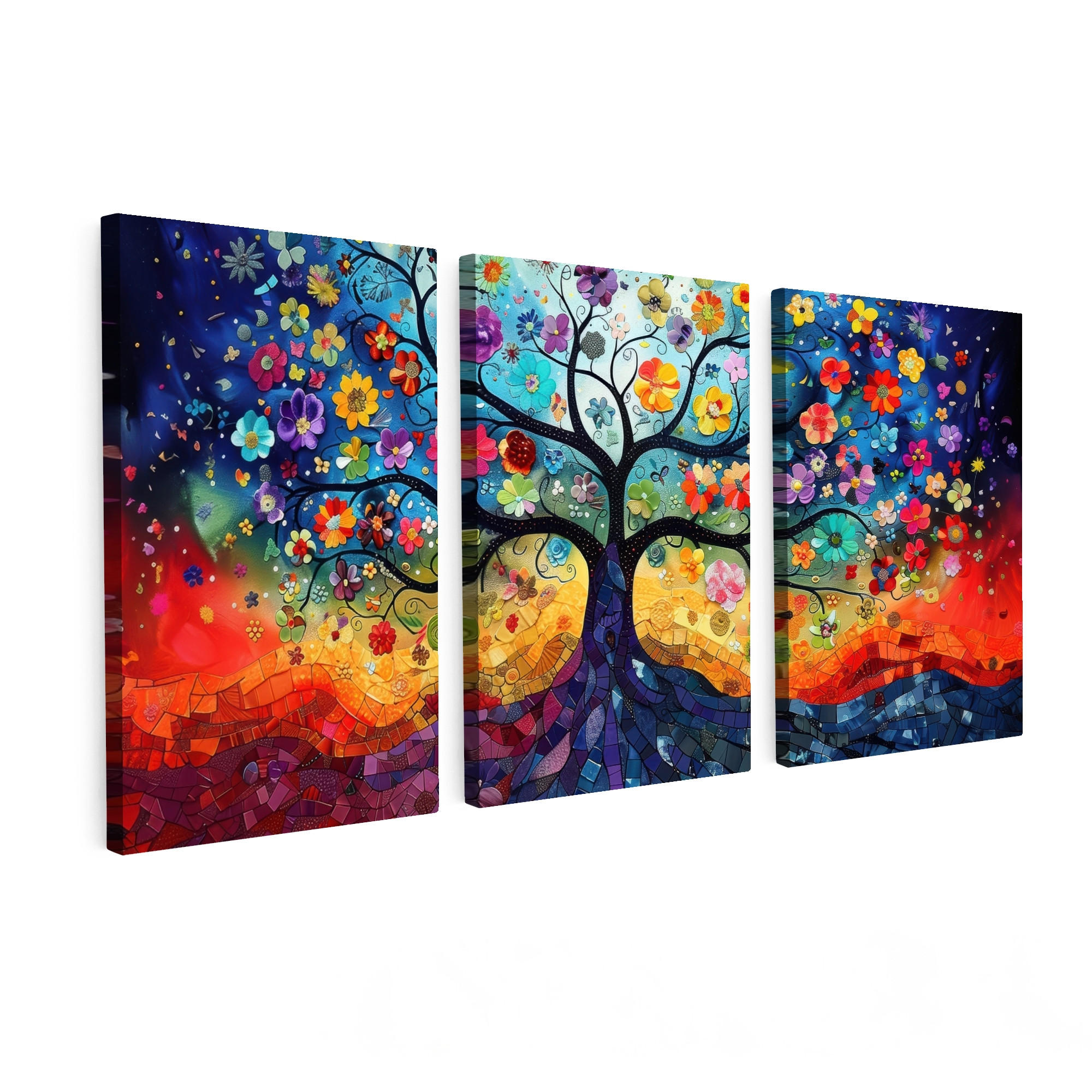 LEINWANDBILD 3er Set Bunt - Baum des Lebens - Blumen - Abstrakt 120x60 cm - Blau, Textil (120/60cm) - MuchoWow