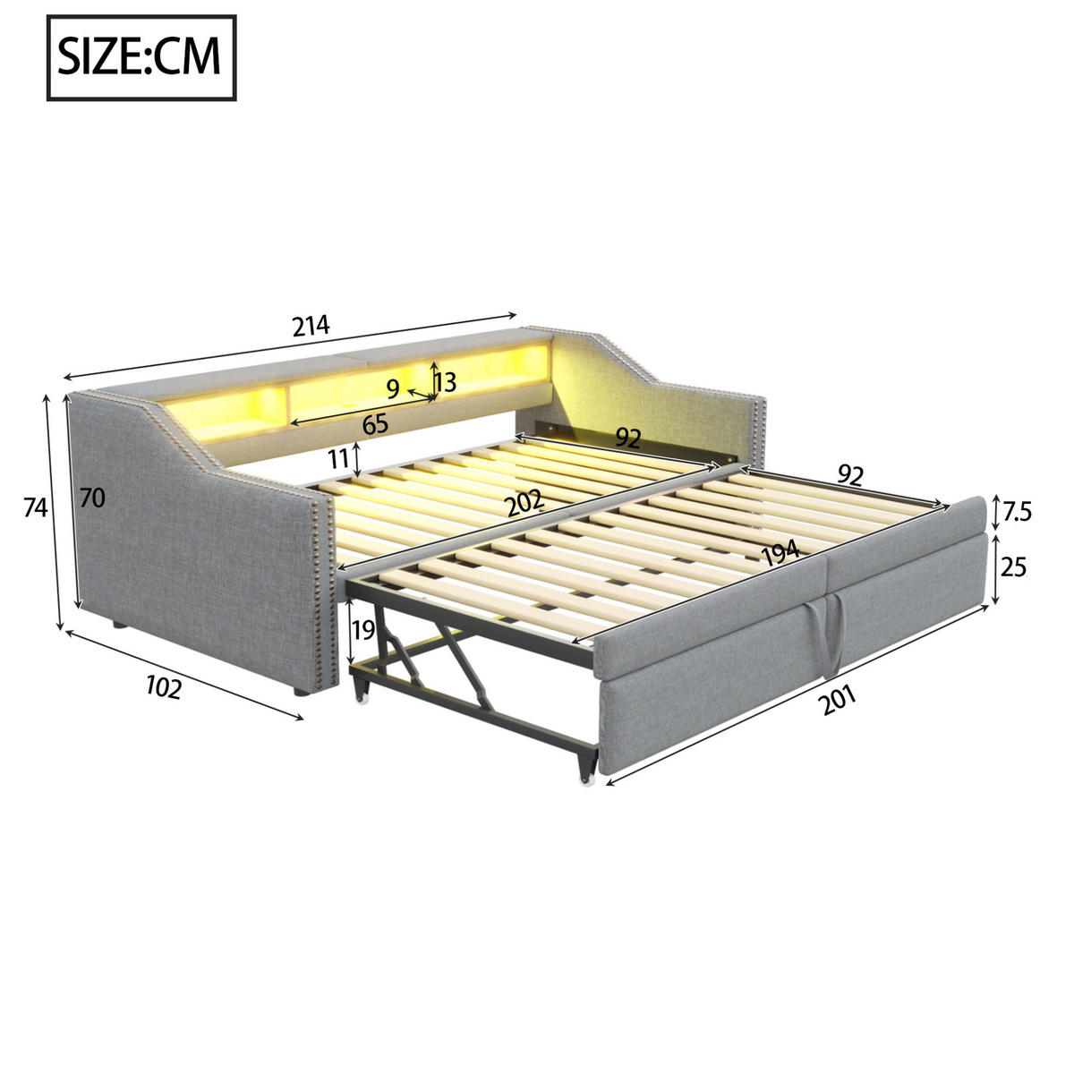 POLSTERBETT Ausziehbares Schlafsofa 90/200 cm mit LED-Licht und USB-Anschluss - Hellgrau, Textil (90/200cm) - OKWISH