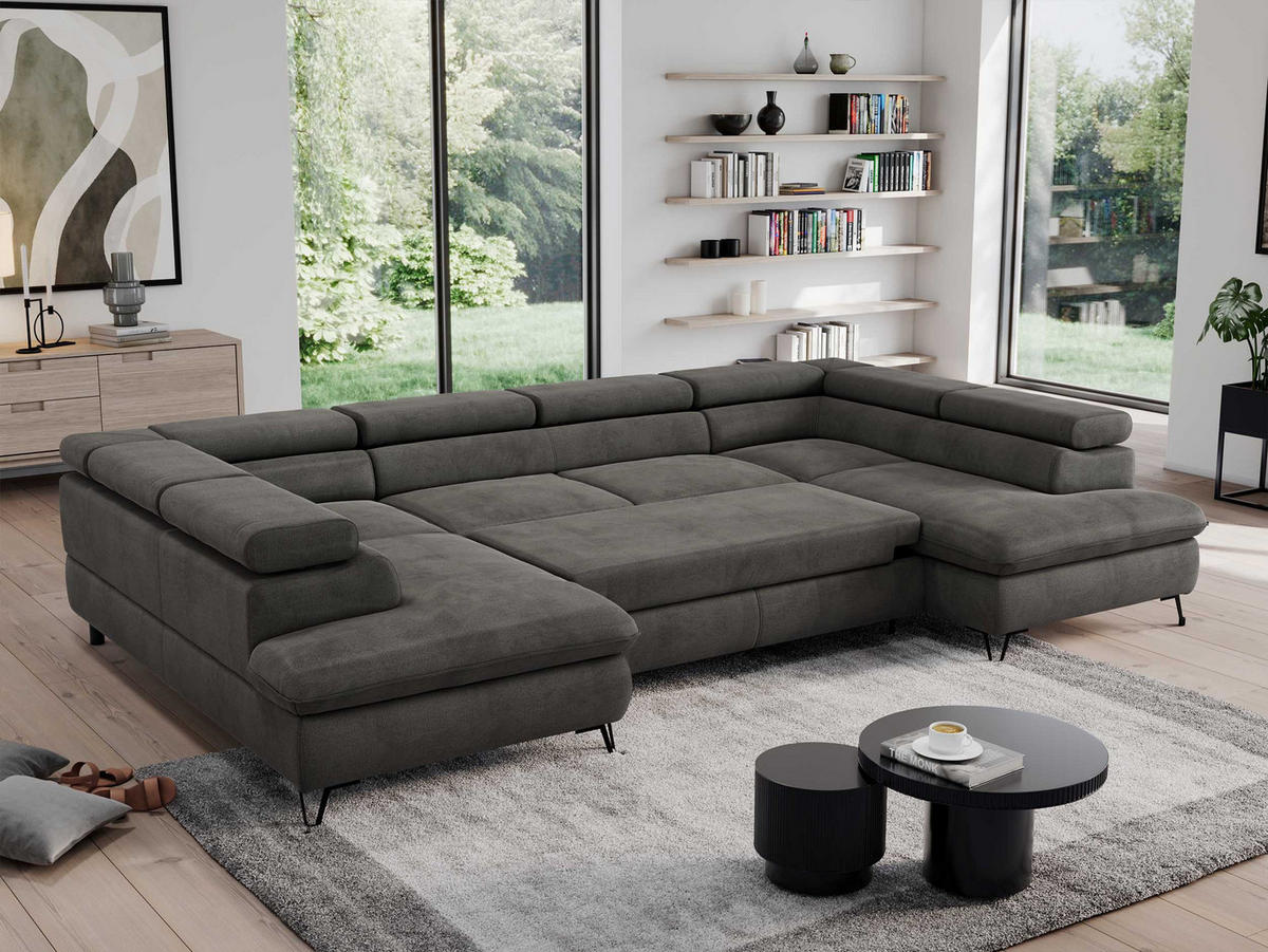 WOHNLANDSCHAFT PEDRO U Velvet Dunkelgrau - Dunkelgrau/Schwarz, Textil/Metall (346/76/208cm) - MKS