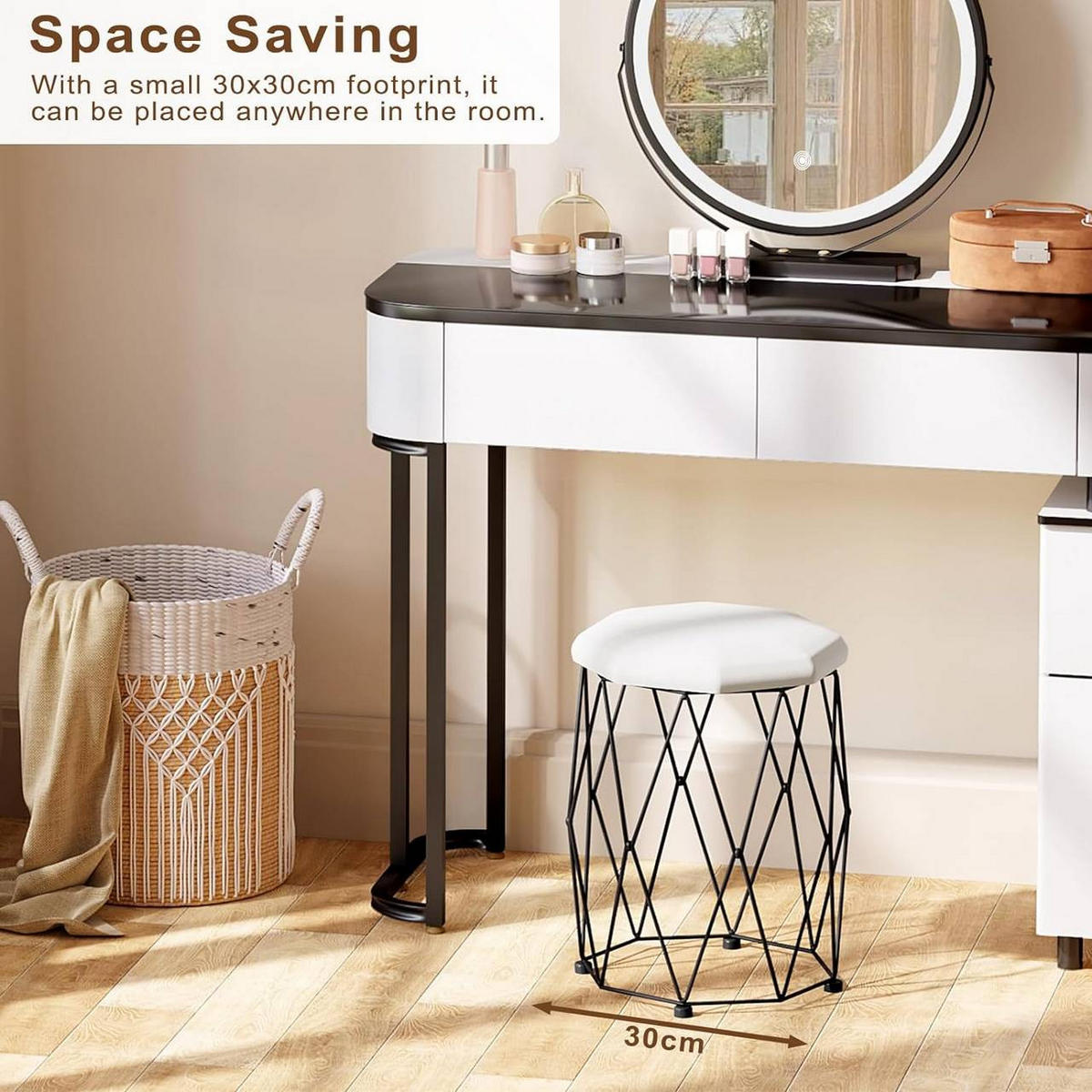 SCHMINKHOCKER Samt, Sitzhocker Metallrahmen, Weiß+Schwarz - Schwarz/Weiß, Holzwerkstoff/Textil (30/44.5/30cm) - Woltu