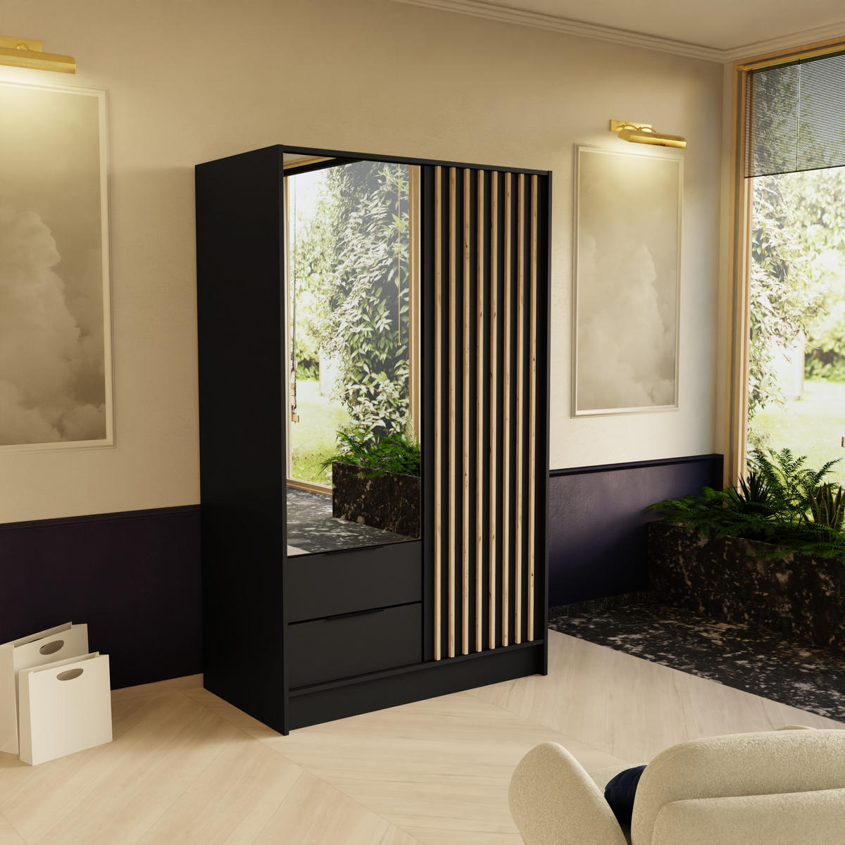 DREHTÜRENSCHRANK PELOR 102/200/51 cm Modern Kleiderschrank 2-türig mit Spiegel Schwarz - Schwarz, Holzwerkstoff (102/200/51cm) - MASSENO