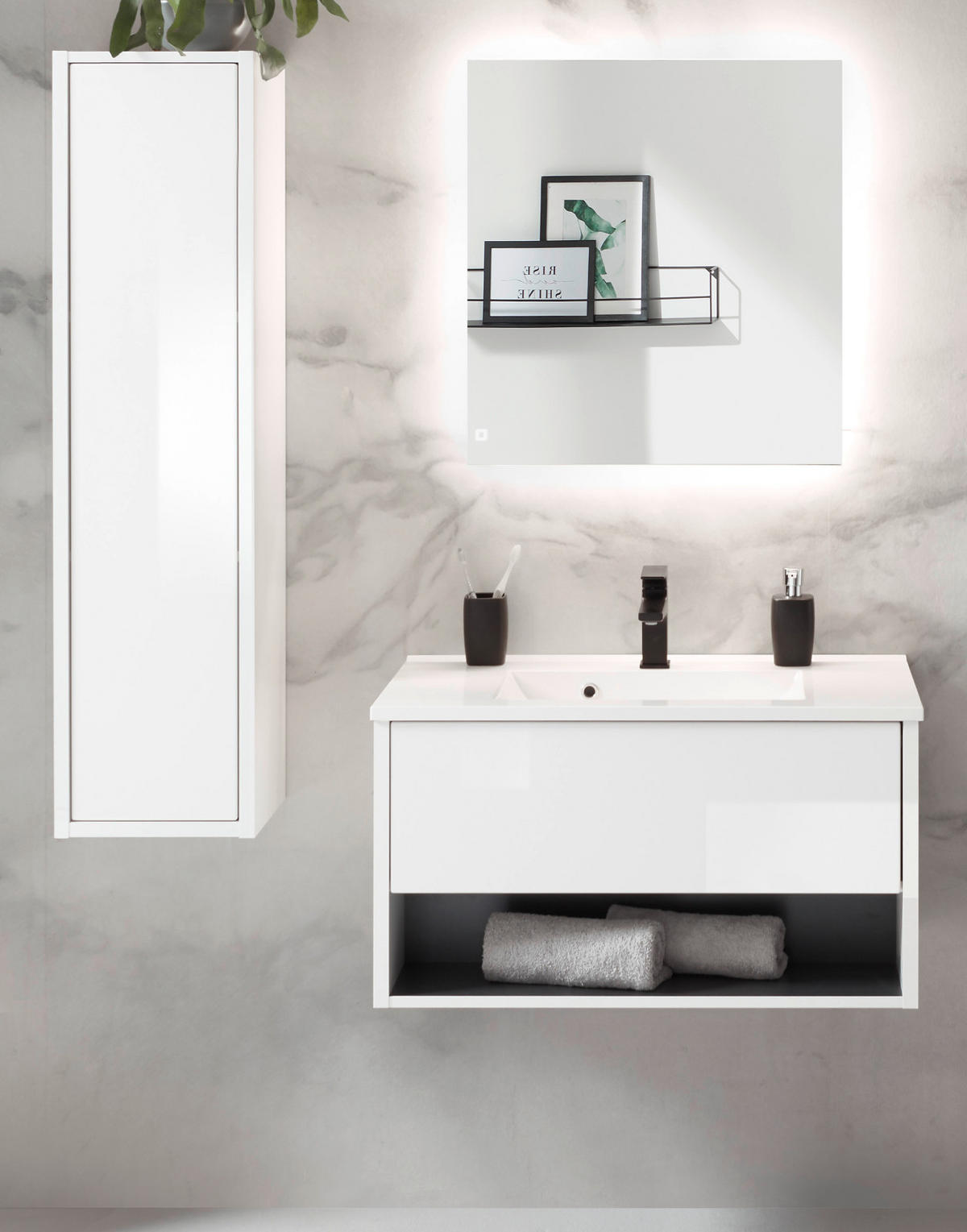 BADMÖBEL-SET weiß Hochglanz, grau, Badezimmer Schränke mit Waschbecken, LED Beleuchtung 120 cm - Weiß Hochglanz/Grau, Glas/Holzwerkstoff (120/190/47cm) - Furn.Design