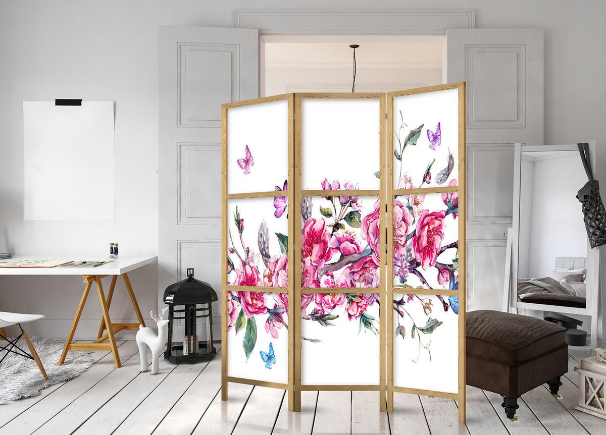 PARAVENT Japanischer 3-tlg 135x172 cm Bunte Blumen - Rosa, Holz/Textil (135/172/3cm) - Muralo