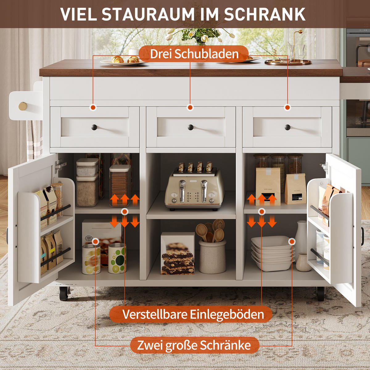 KÜCHENINSEL 120/40/92 cm Weiß mit 3 Schubladen, Stauraum und Schränken - Weiß, Holz/Holzwerkstoff (112.5/92/45cm) - Oxeza