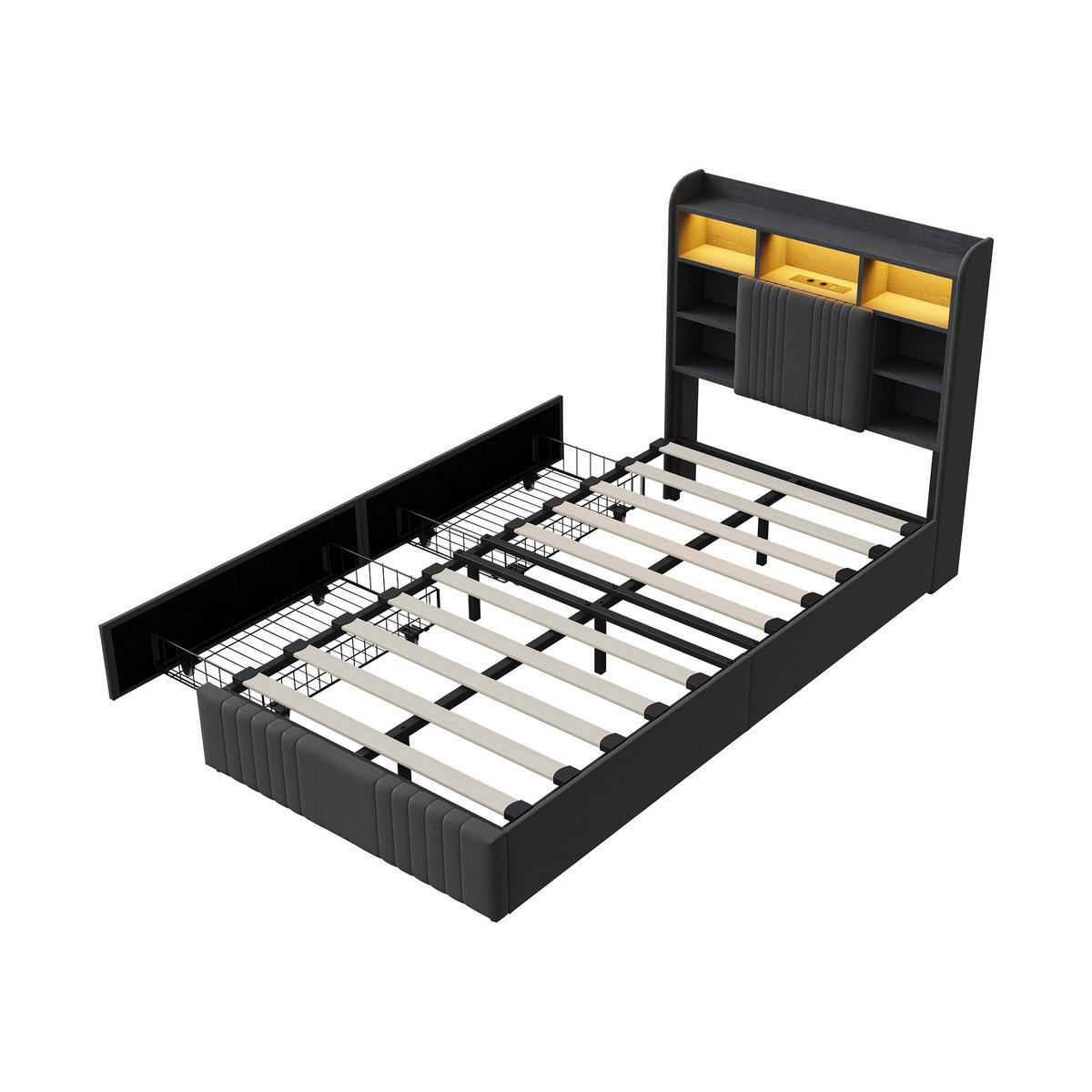 POLSTERBETT 90/200 cm Grau mit 2 Schubladen, LED-Kopfteil mit Ablage und USB - Grau, Metall (90/200cm) - EuroLiving