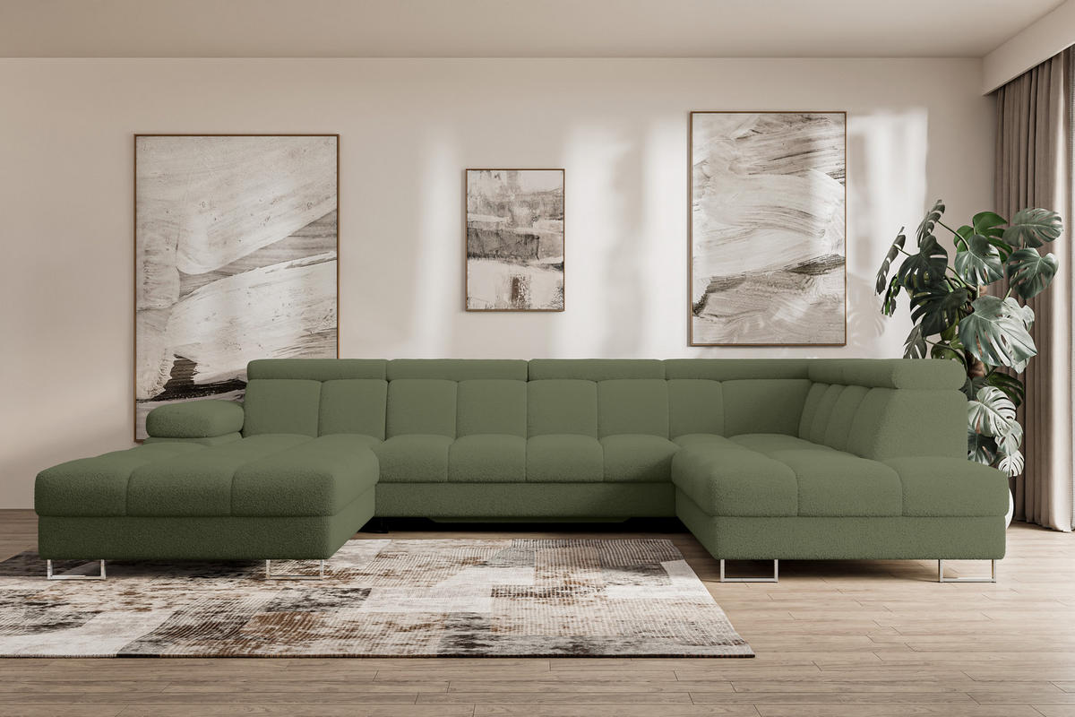 WOHNLANDSCHAFT mit Schlaffunktion und Bettkasten Ottomane RECHTS COMA U 345x203x79 Grün Bouclé - Smaragdgrün, Holzwerkstoff/Textil (203/79/345cm) - ALTDECOR