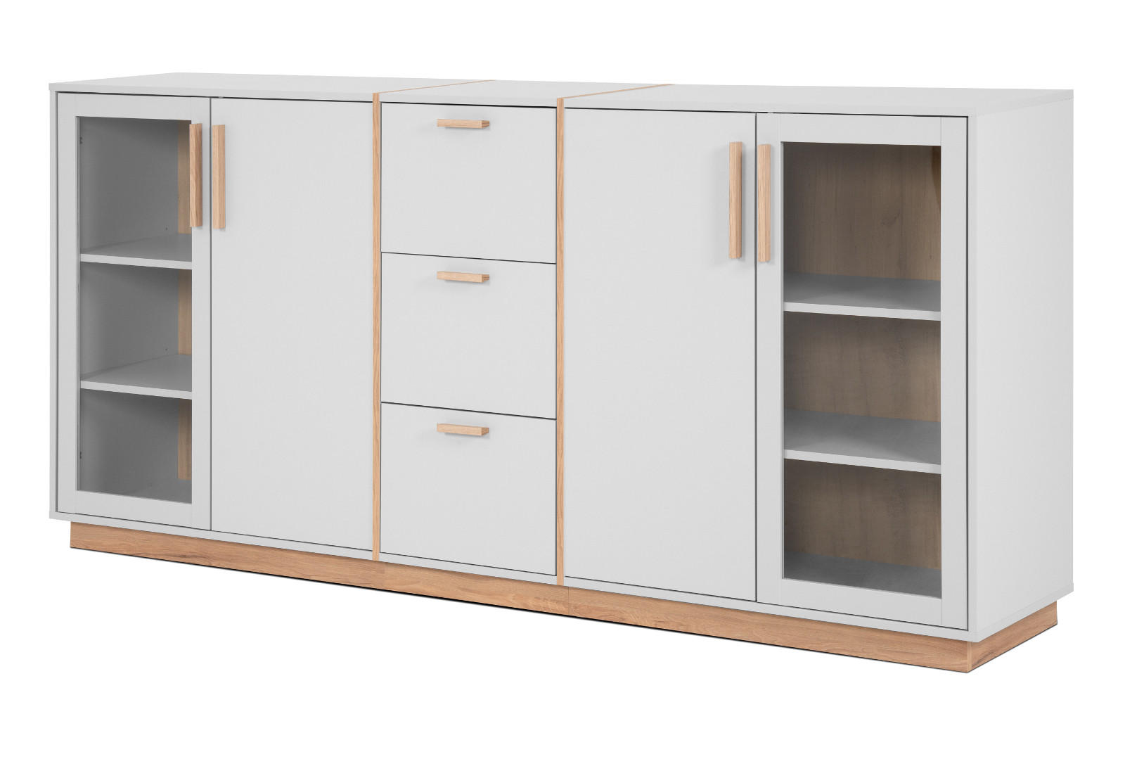 SIDEBOARD grau, Hickory Walnuss 204 cm, Kommode mit viel Stauraum - Walnussfarben/Hellgrau, Glas/Holzwerkstoff (204/94/40cm) - Furn.Design