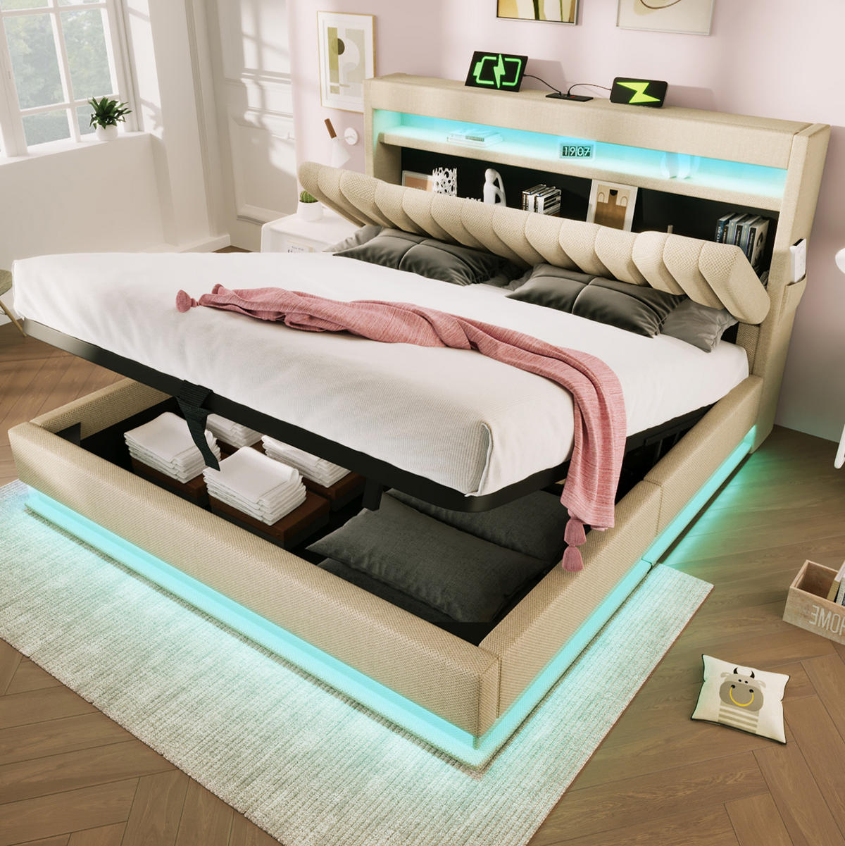 POLSTERBETT mit Stauraum, LED und USB 140x200 cm Beige Leinen - Beige, Metall (140/200cm) - Meubliv
