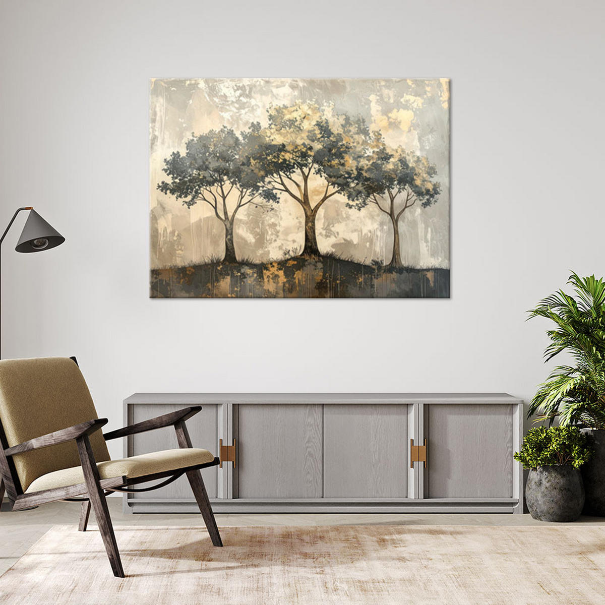 LEINWANDBILD, Grunge Bäume Abstrakt in Beige und Gold - Grau, Textil (100/70cm) - Feeby