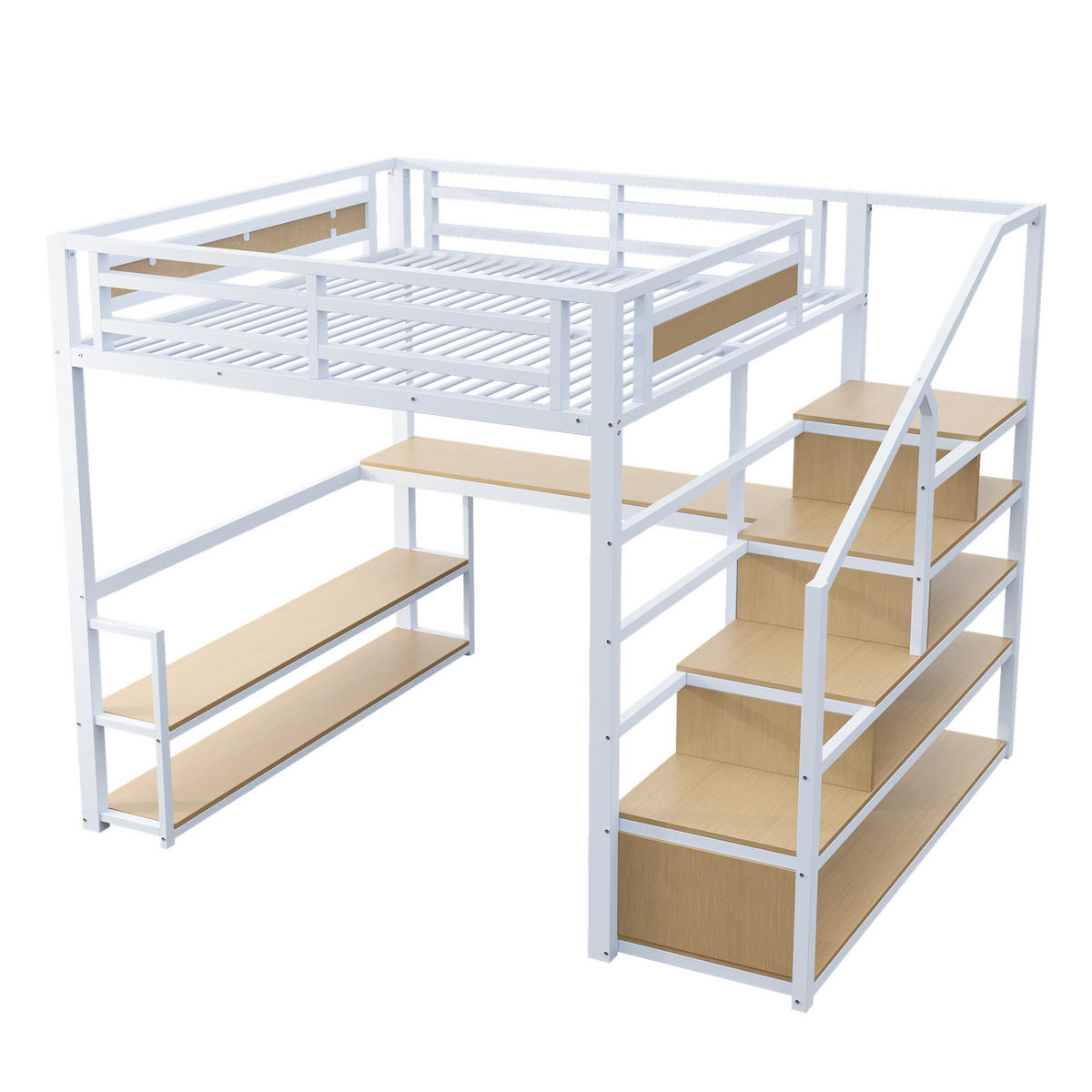 HOCHBETT 140/200 cm Weiß Metall mit Regalen und Tisch aus MDF - Weiß, Metall (140/200cm) - OKWISH