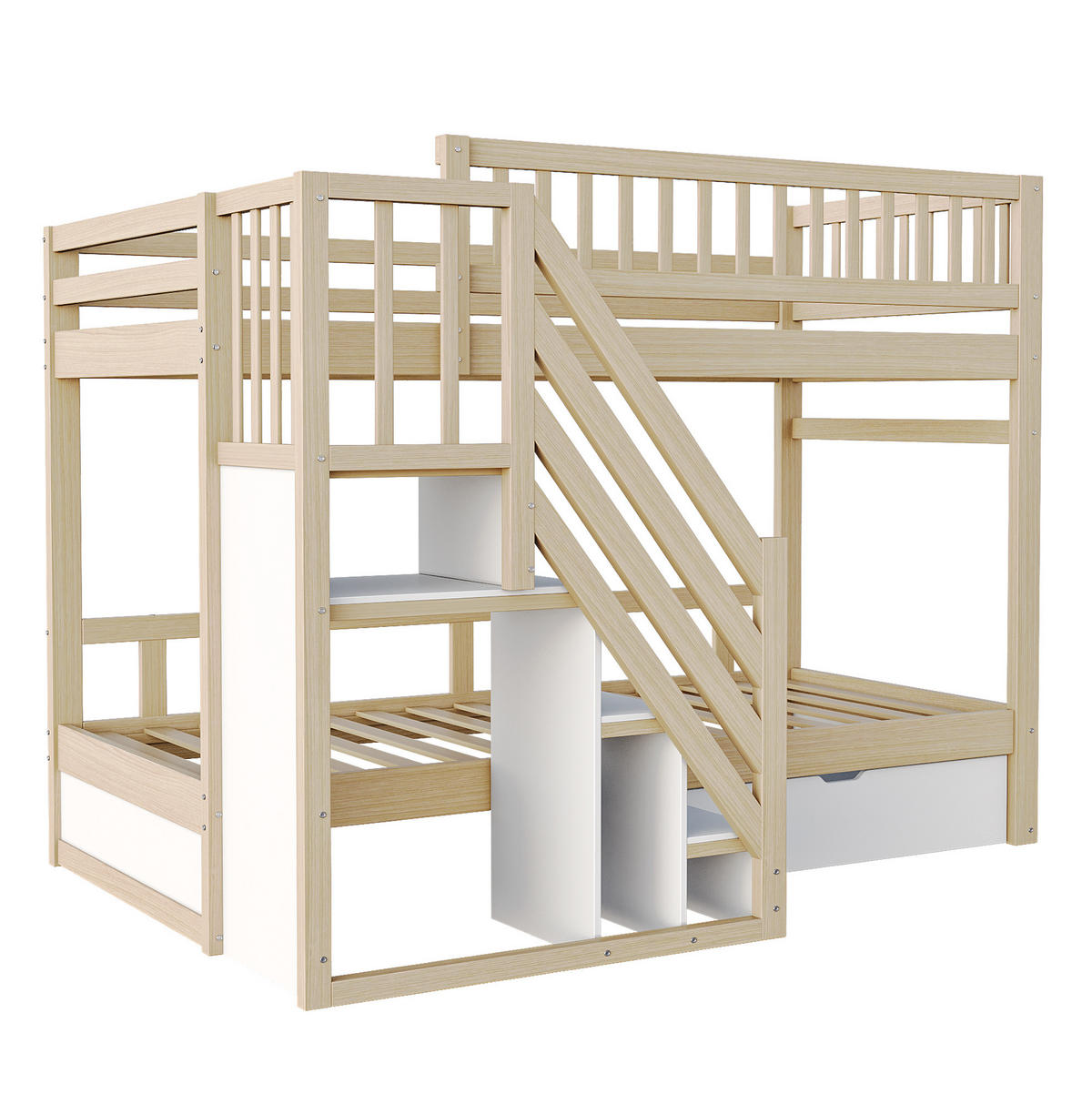 ETAGENBETT 90/200 cm mit Lattenrost, Treppe mit Stauraum und Schubladen, Natur /Weiß - Naturfarben, Holzwerkstoff (90/200cm) - Redom