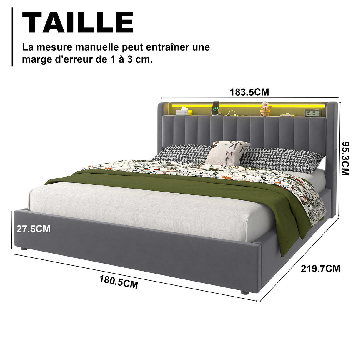 ČALÚNENÁ posteľ 180/200cm tmavosivá zo zamatu, kovu a dreva s LED svetlom, USB konektorom a úložným priestorom - sivá, textil (140/200cm) - Modfu