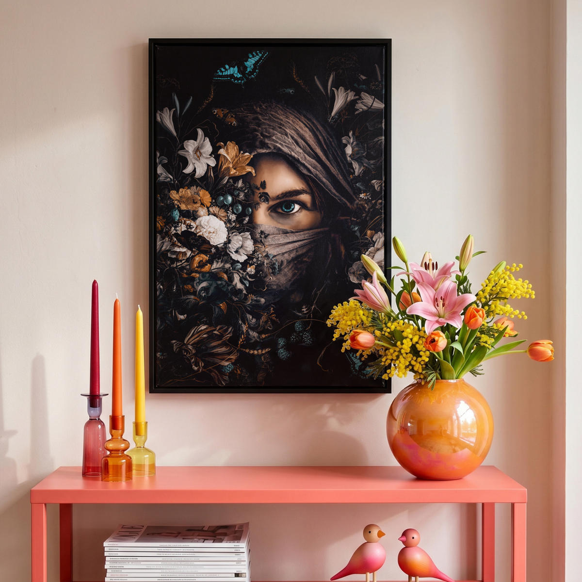 LEINWAND Bilder mit Rahmen - Frau - Luxus - Blumen - Schmetterling - Porträt - 40x60 - Schwarz, Textil (40/60cm) - MuchoWow