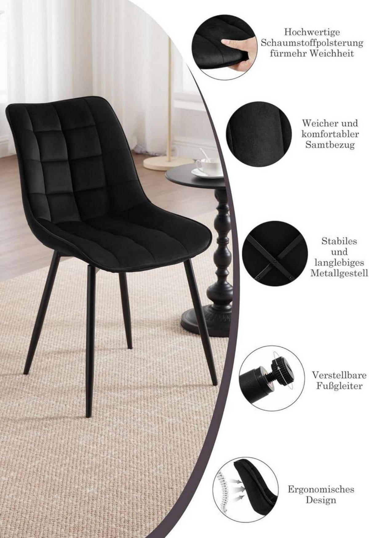 ESSZIMMERSTUHL 2er Set, Samt, Metallbeine, Schwarz - Schwarz, Textil/Metall (46/85.5/40.5cm) - Woltu