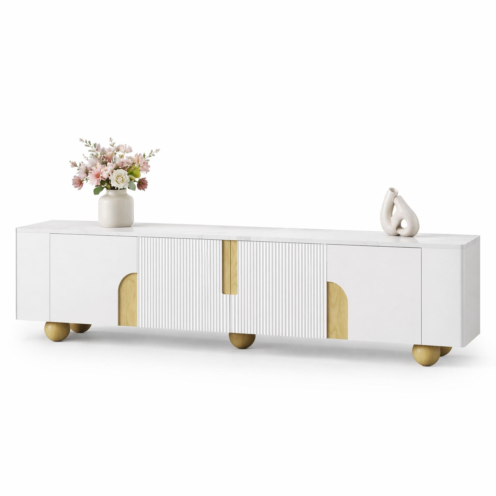 LOWBOARD in Weiß und Naturfarben TV-Schrank mit 4 Türen für Wohnzimmer, B180/T40/H44 cm - Naturfarben/Weiß, Holz/Holzwerkstoff (180/44/40cm) - STILVORA