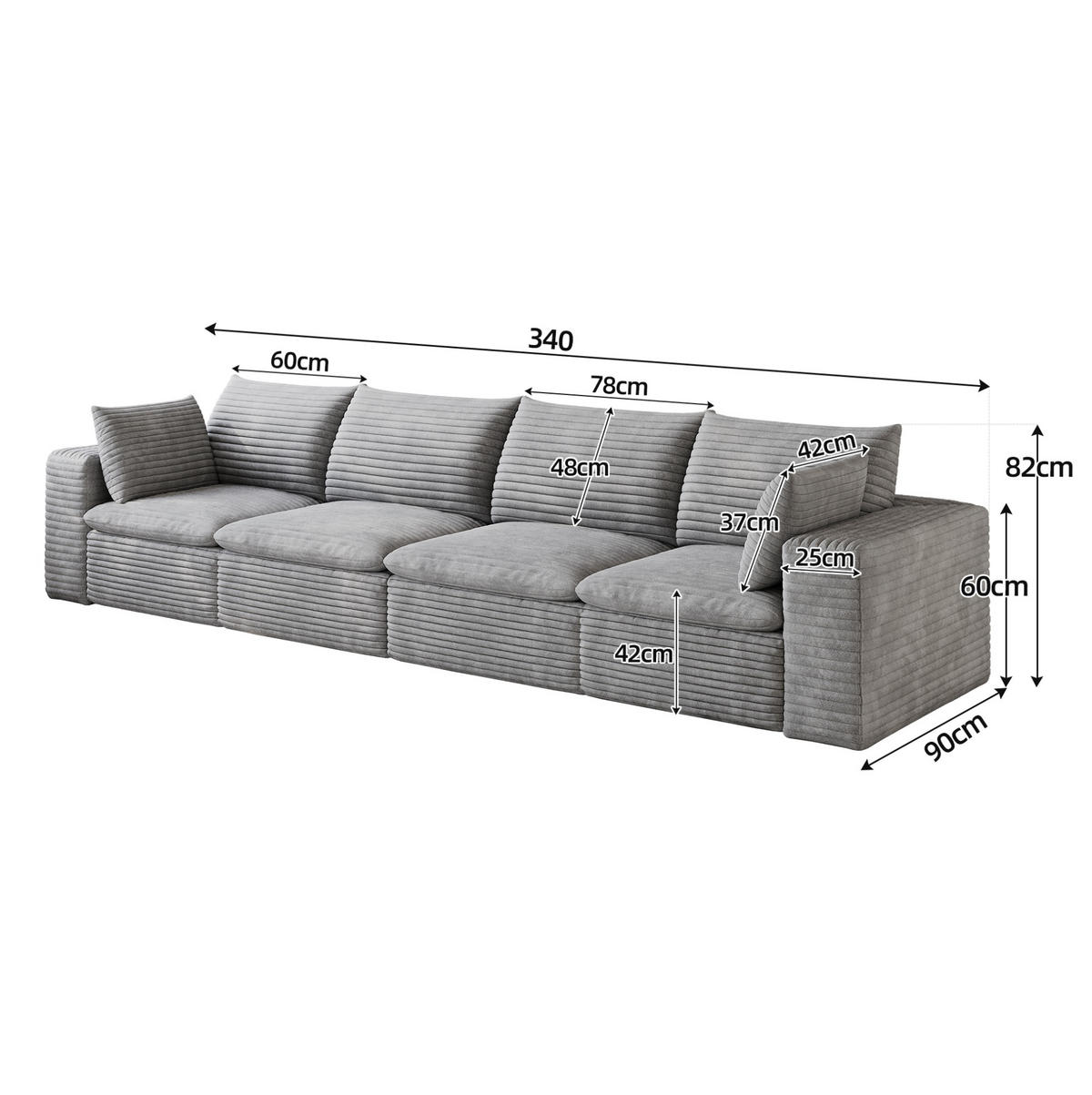 4-SITZER-SOFA aus Stoff 340 cm Grau mit abnehmbarer Polsterung und flexiblem Doppelschicht-Design - Grau, Textil (340/60/90cm) - Modfu