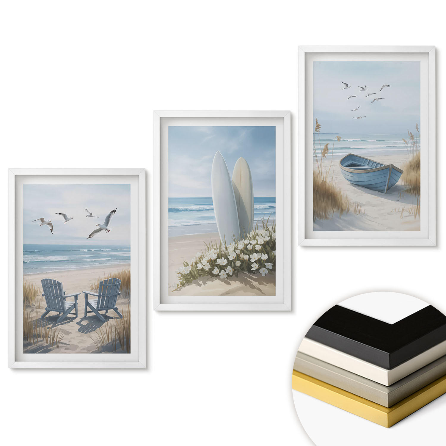 WANDBILDER 3er-Set - 40x60 cm Weißer Rahmen - Strand Surfbretter Vögel - Weiß, Kunststoff (40/60cm) - ArtPrintCave