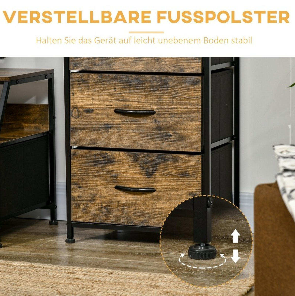 KOMMODE aus Polyester und Stahl 44x29x92 cm Braun mit 3 Schubladen, 2 Ablagen und verstellbaren Füßen - Braun, Holzwerkstoff (44/92/29cm) - Modfu