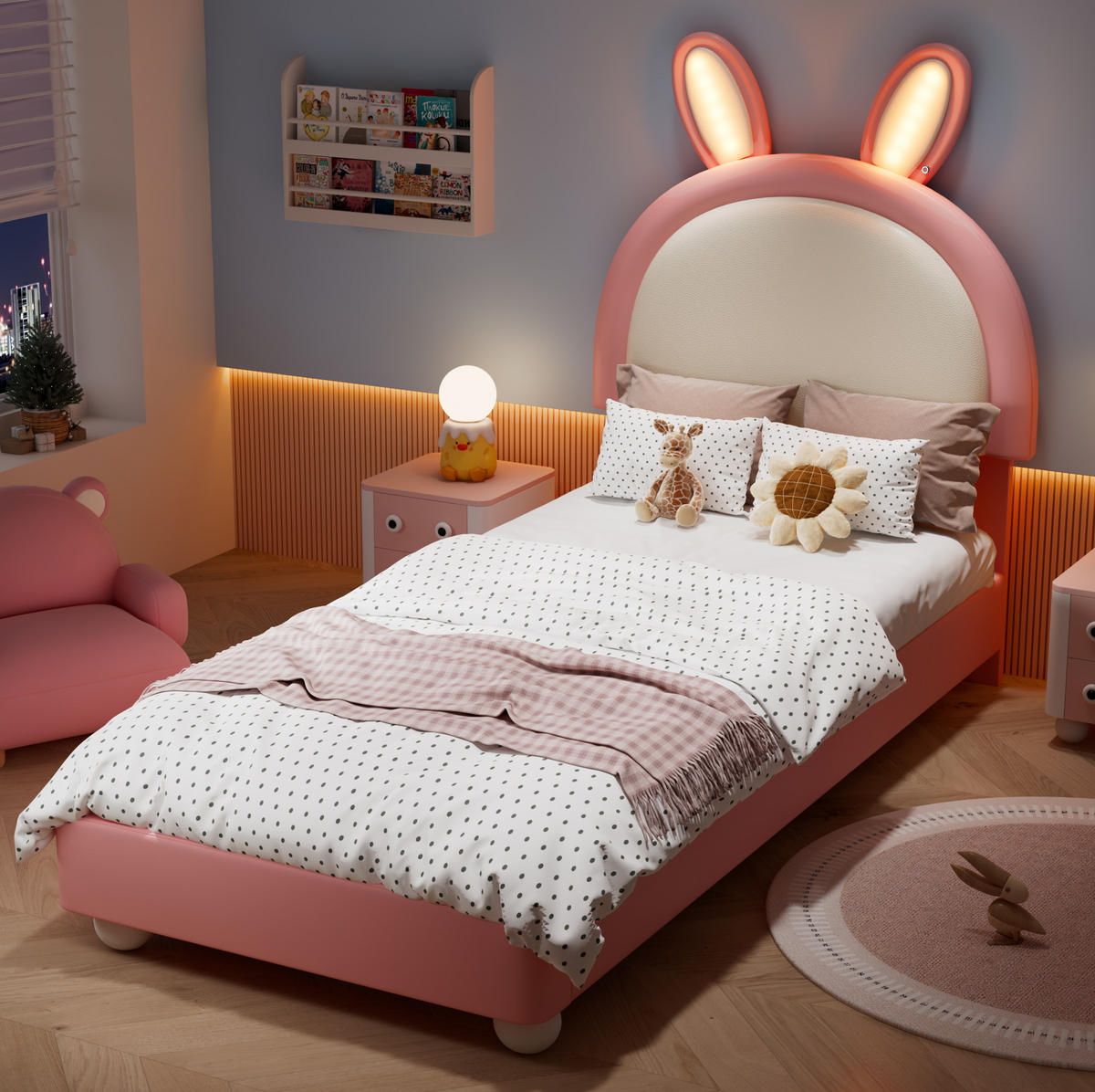 POLSTERBETT 90/200 cm Rosa+Weiß aus PU mit LED und Hasen-Kopfteil - Weiß, Kunststoff (90/200cm) - OKWISH