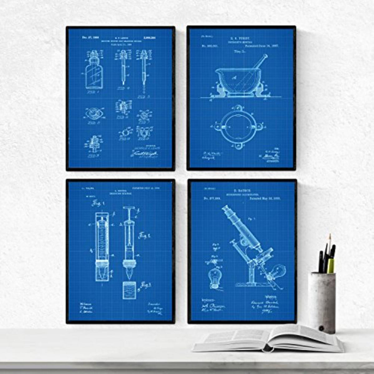 POSTER Set mit 4 Blau Apotheke Patent A4 Schwarzer Rahmen - Schwarz, Papier (29.7/3cm) - Nacnic