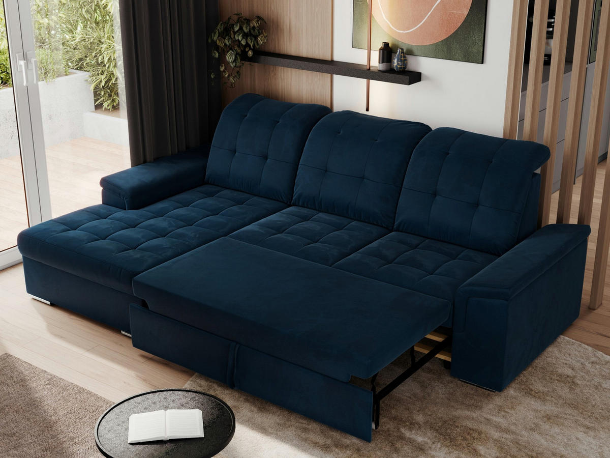 ECKSOFA MADRITO L - Dunkelblau Velorus - Links - Silberfarben/Dunkelblau, Textil/Metall (160/256cm)