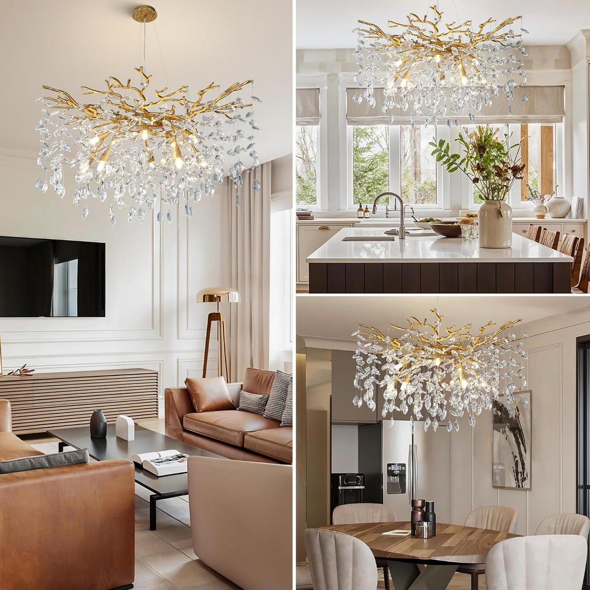 KRONLEUCHTER 76 cm K9‑Kristall Baumzweig Gold für Wohnzimmer und Schlafzimmer - Gelb, Naturmaterialien (74/39/29.5cm) - Surtime