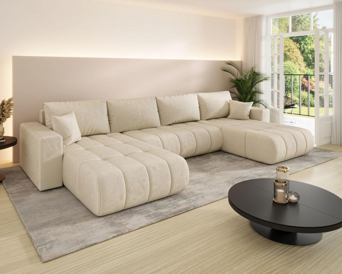 ECKSOFA LARA PREMIUM U-Form beige Velours Monolith 2 - Schlaffunktion, Bettkasten - Beige, Textil (385/175cm) - Cornero