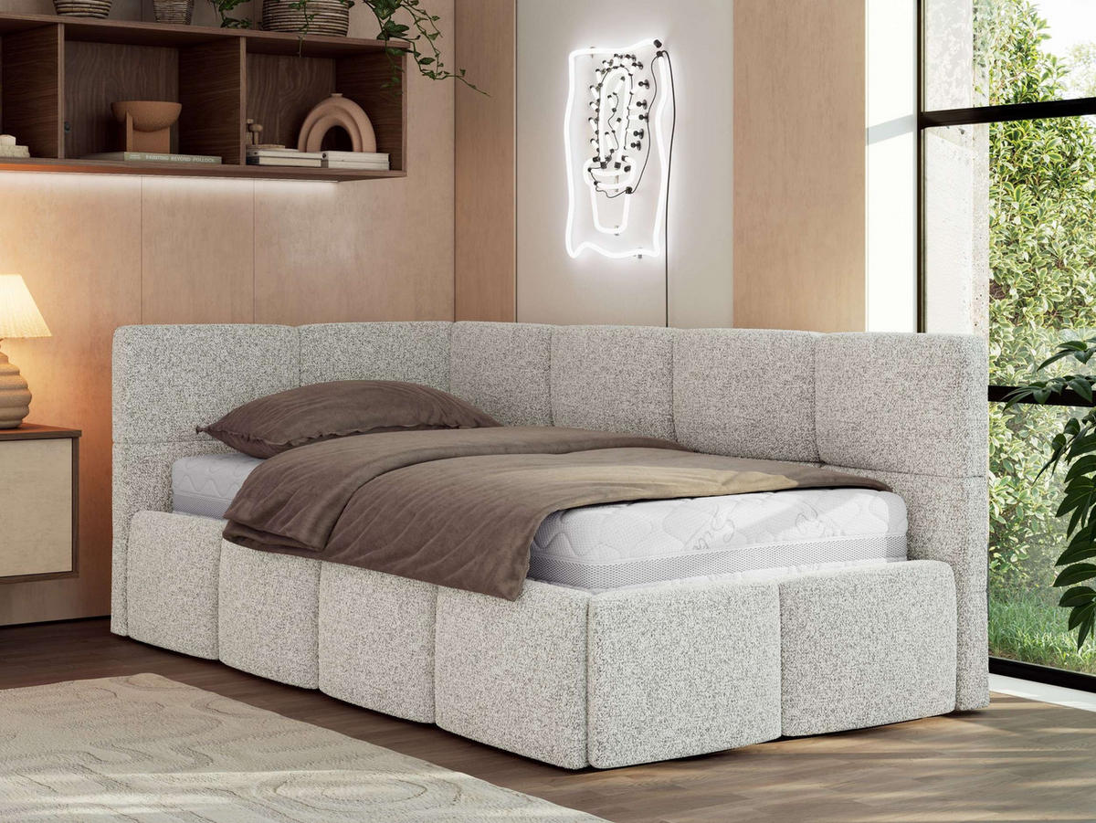 JUGENDBETT ARVO 90/200 - Hellgrau Strukture - Multipocket-Matratze - Links Seite - Hellgrau, Textil (90/200cm) - MKS