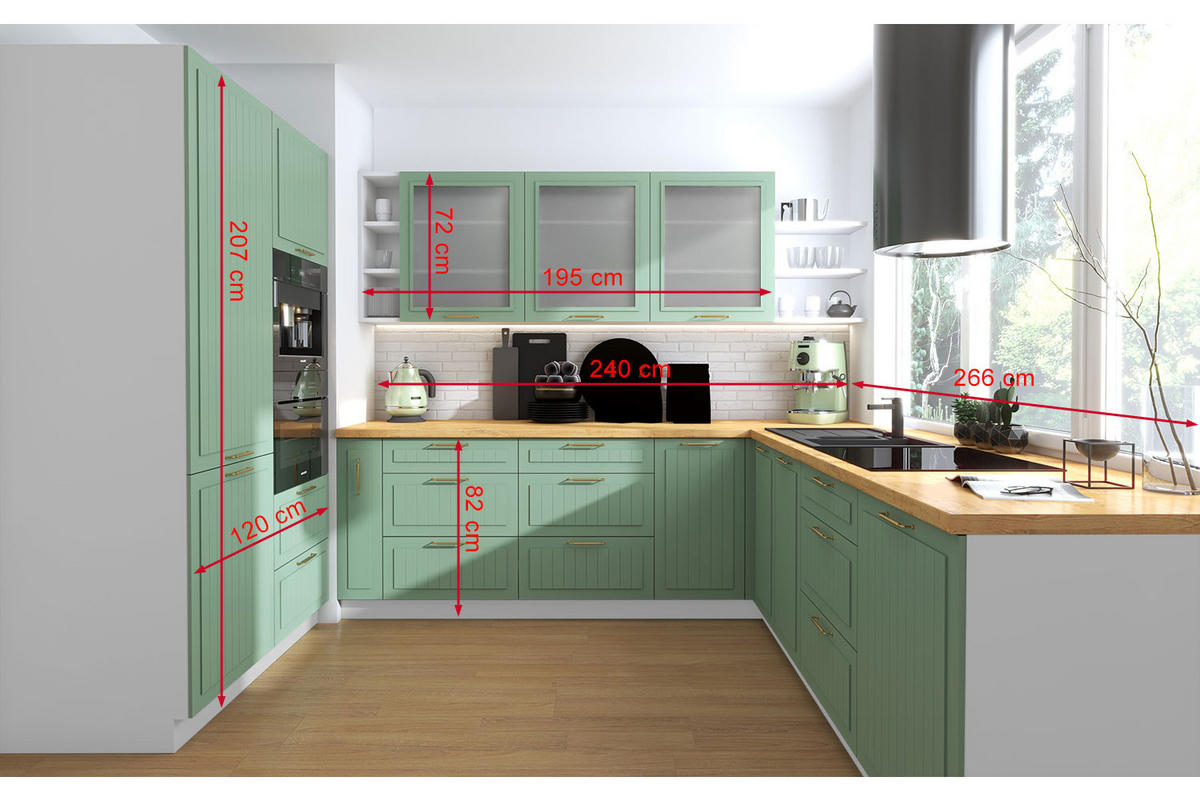 WINKELKÜCHE Livorno blassgrün matt / weiß matt 13-teilig mit Vollauszug (HETTICH InnoTech Atira) - Weiß/Grün, Holzwerkstoff/Metall (240/207/266cm) - Feldmann-Wohnen