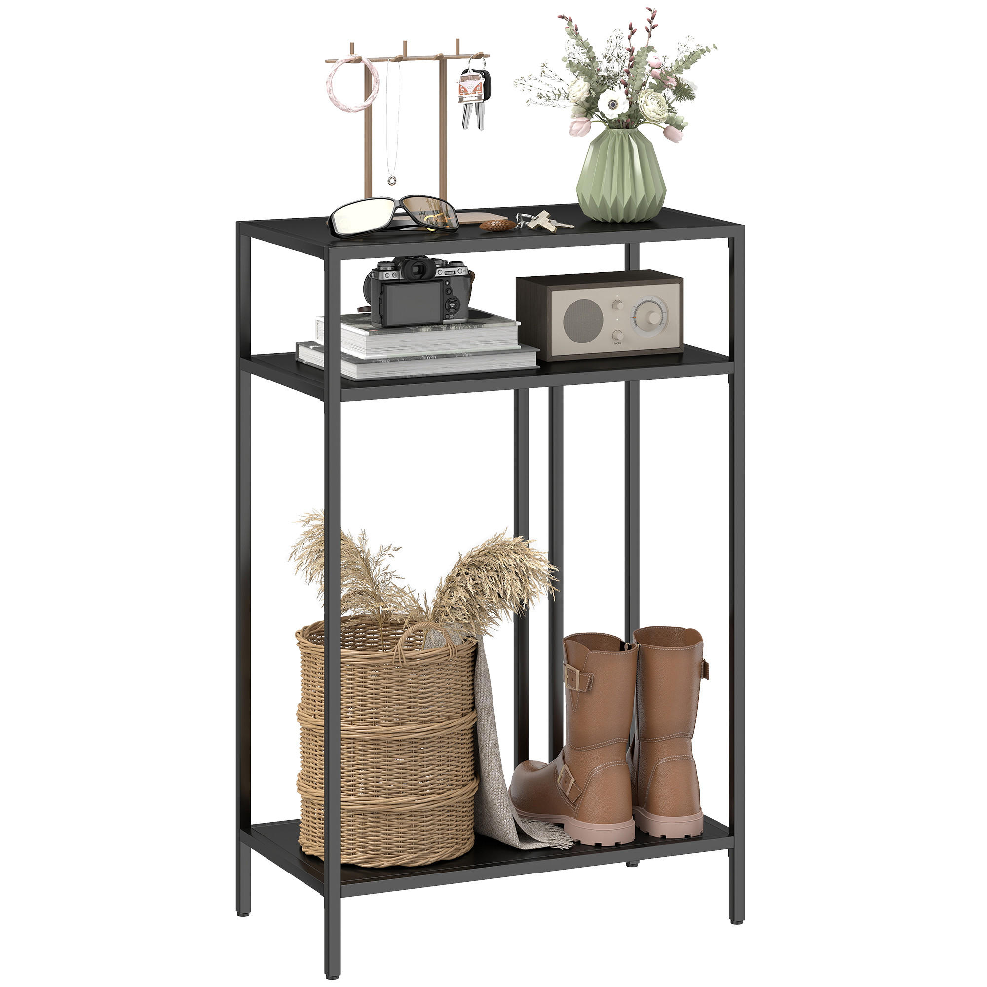 KONSOLENTISCH 3-stufige Ablagen Schmaler Eingangsbereichstisch Stahlrahmen für Wohnzimmer Flur 55 cm Schwarz - Schwarz, Metall (55/85/30cm)