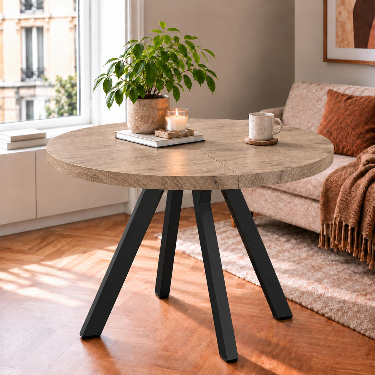 ESSTISCH rund ausziehbar 90/190/76 cm, Braun Eiche Halifax Egger, 54 cm Tischplatte + Y Metallgestell Schwarz - Eichefarben/Schwarz, Holzwerkstoff/Metall (90/190/76cm) - Damale Möbel