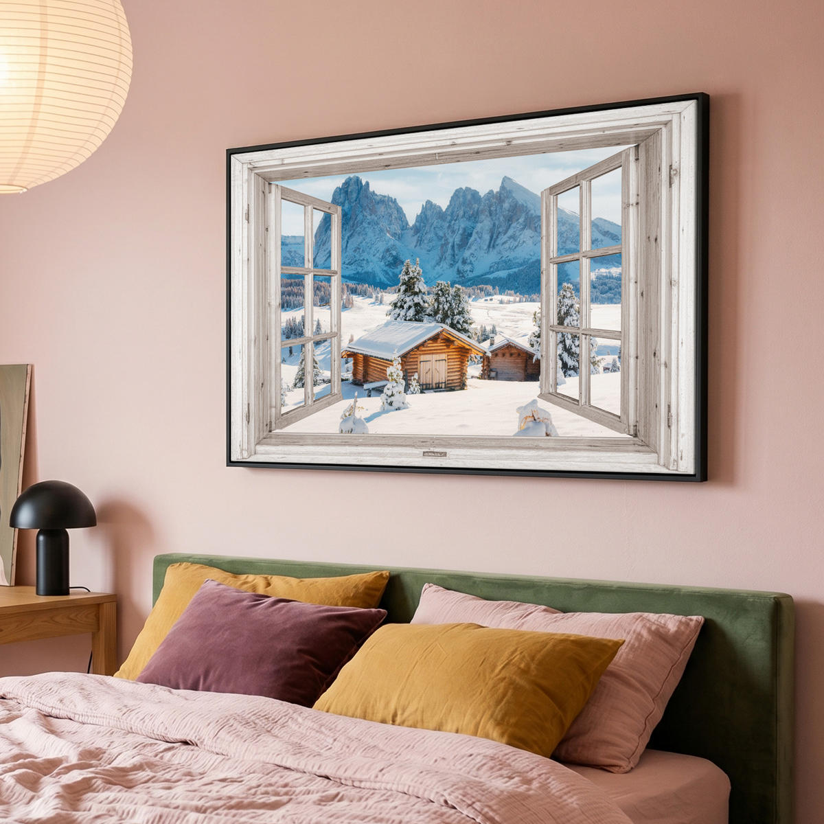 LEINWAND Bilder mit Rahmen - Winterlandschaft - Hütte - Berge - Ausblicke - Aussicht - Natur - 140x90 - Weiß Hochglanz, Textil (140/90cm) - MuchoWow