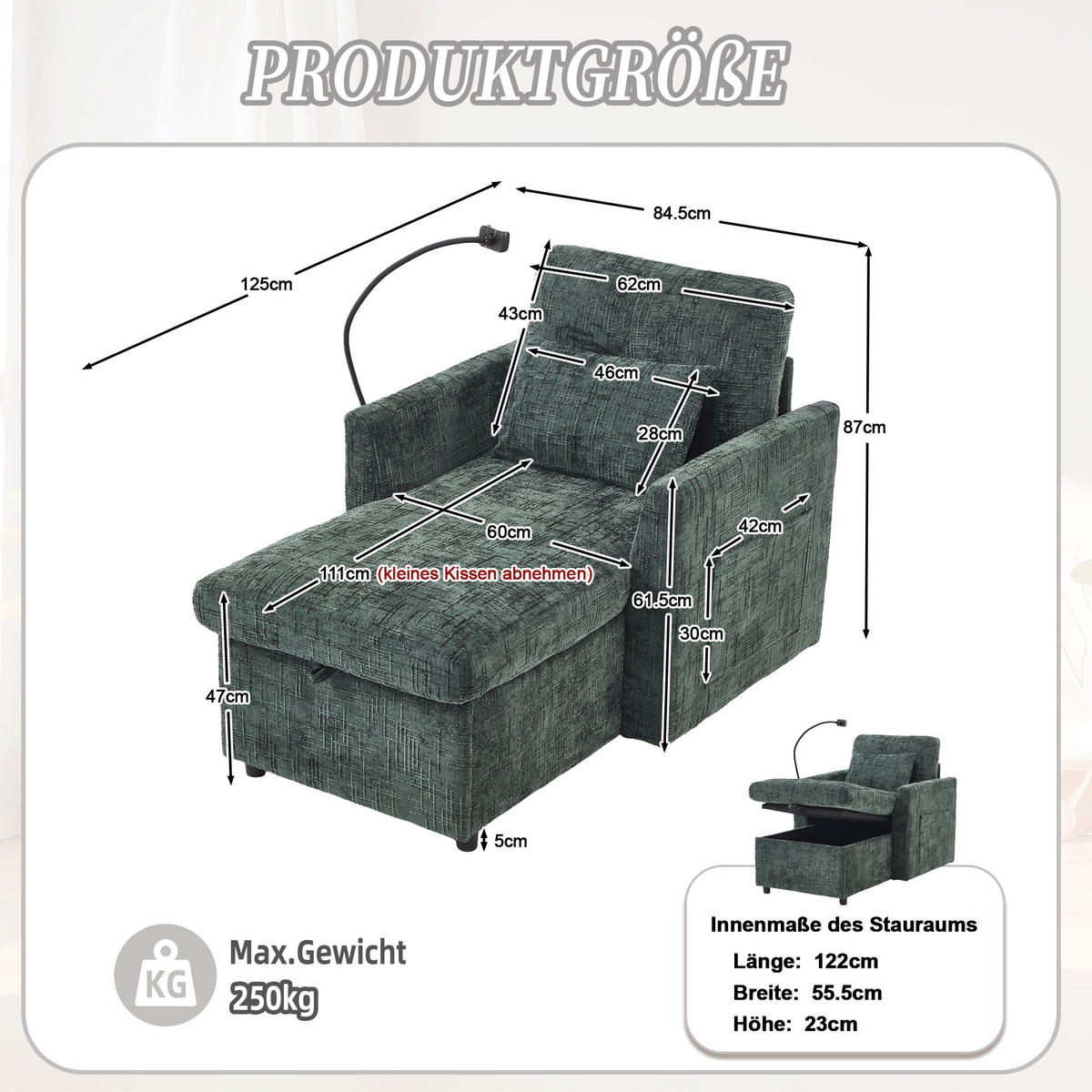 SCHLAFSOFA in Smaragdgrün aus Chenille mit Handyhalterung & Stauraum - Grün, Textil (84.5/87/125cm) - Urban Meuble