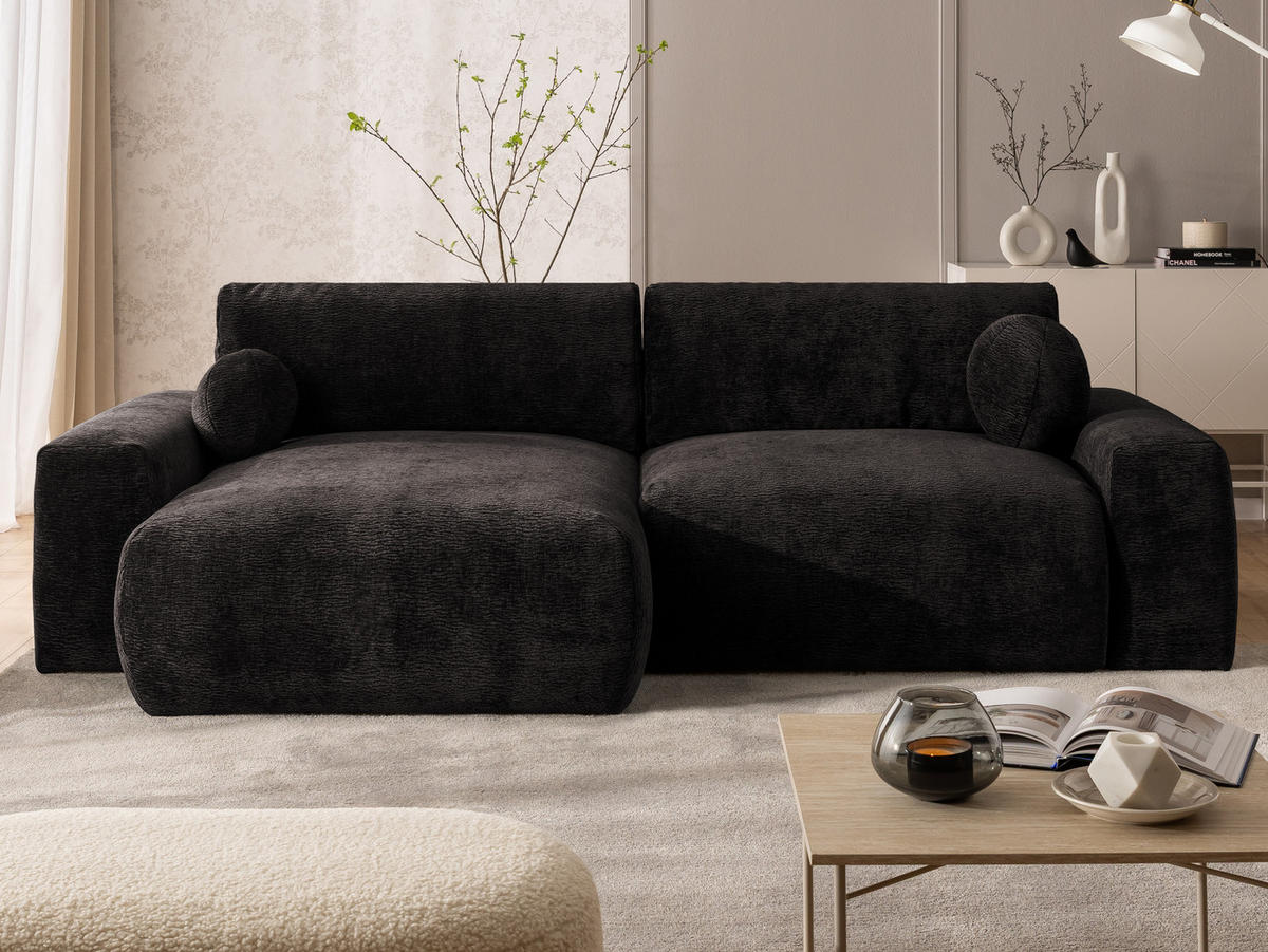 ECKSOFA Puffy mit Schlaffunktion und Bettkasten - besonders weich und puffig aus Braun Stoff mit Chenillestruktur - Ottomane links - Schwarz/Braun, Holz/Kunststoff (138/266cm) - S-Style Möbel