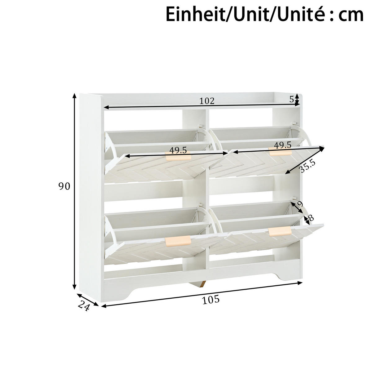 SCHUHSCHRANK mit 4 Klappen 105/24/90 cm in Weiß, platzsparend mit 3D-Strukturfront - Weiß, Holzwerkstoff (105/90/24cm) - BEAOK