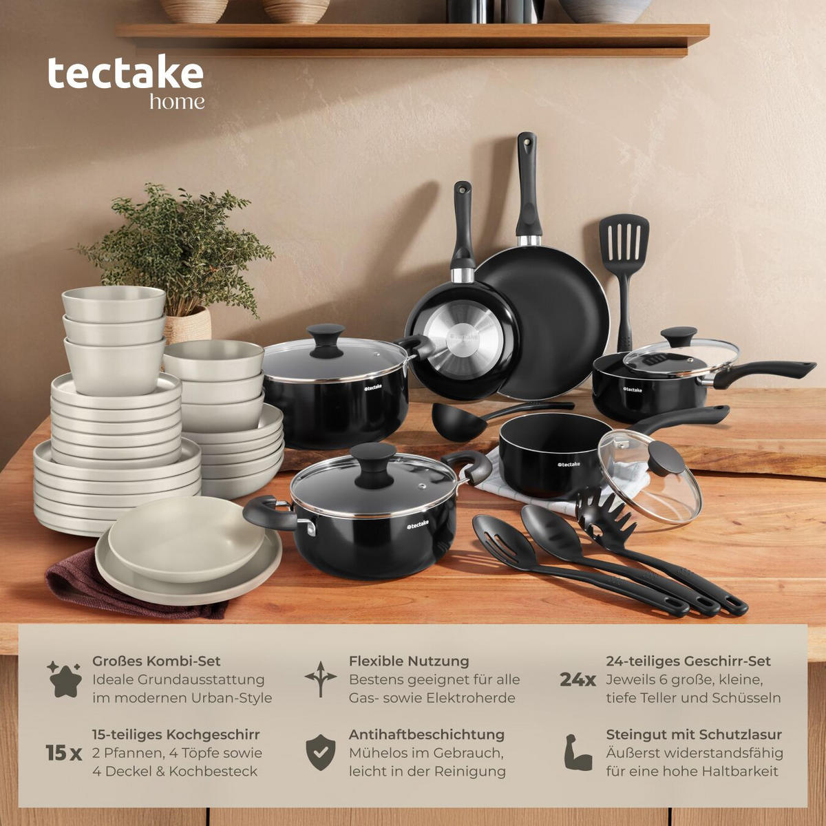 KÜCHENSTARTERSET Una/Varese, inklusive 5 Küchenwerkzeugen, schwarz/taupe - Taupe/Schwarz, Keramik (26/4.8/45.5cm) - tectake