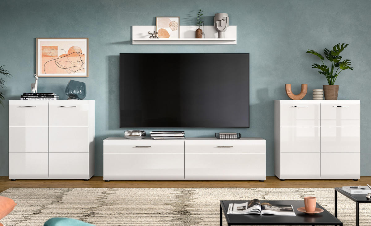 WOHNWAND weiß Hochglanz 4-teilig 350 cm, Schrankwand mit viel Stauraum - Weiß Hochglanz/Silberfarben, Glas/Holzwerkstoff (350/160/41cm) - Inn.Furn