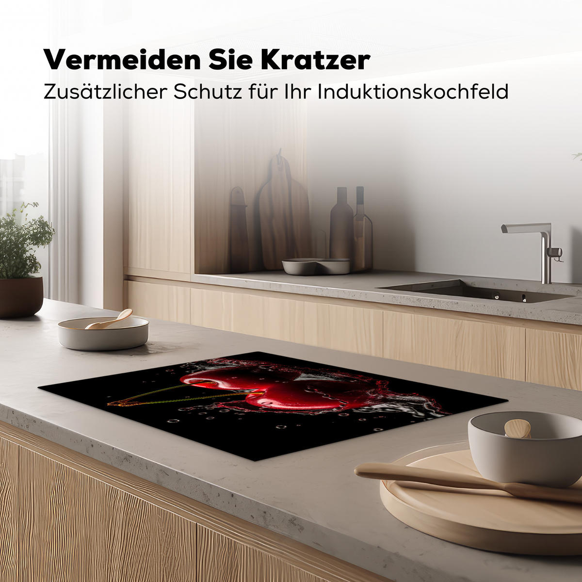 HERDABDECKPLATTE Kirsche - Rot - Frucht - Wasser - Schwarz 71x52 cm - Kirschrot, Kunststoff (71/0.2/52cm) - MuchoWow