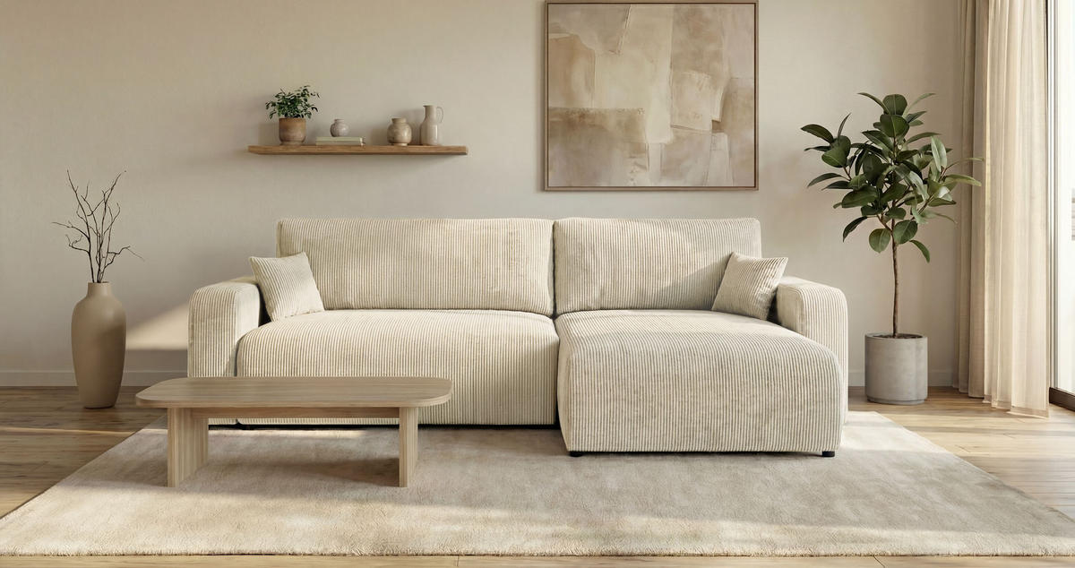 ECKSOFA BERLIN rechts weiß Cord Poso 100 - Schlaffunktion, Bettkasten - Weiß, Textil (285/184cm) - Cornero