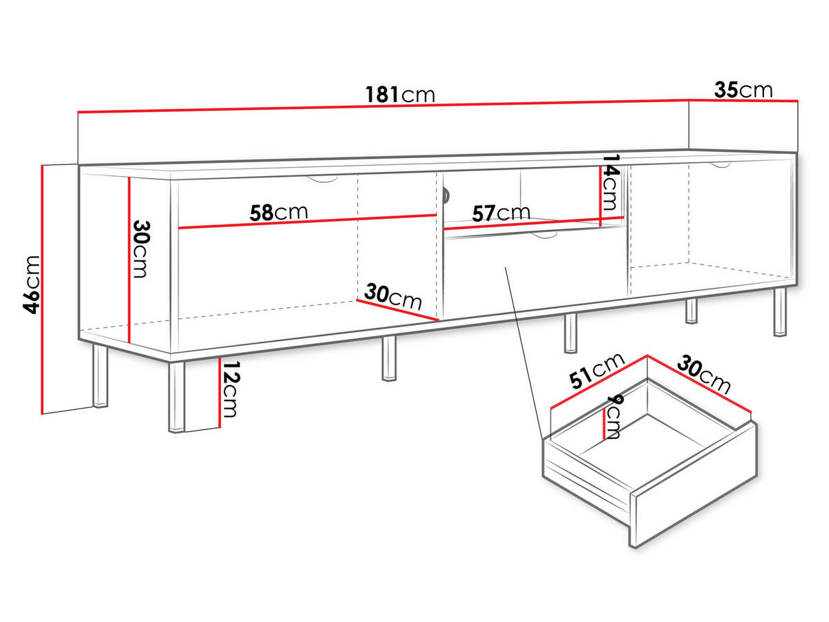 TV-LOWBOARD Werkoz 2K1S - Goldfarben/Weiß, Holzwerkstoff/Metall (181/46/35cm) - MIRJAN24